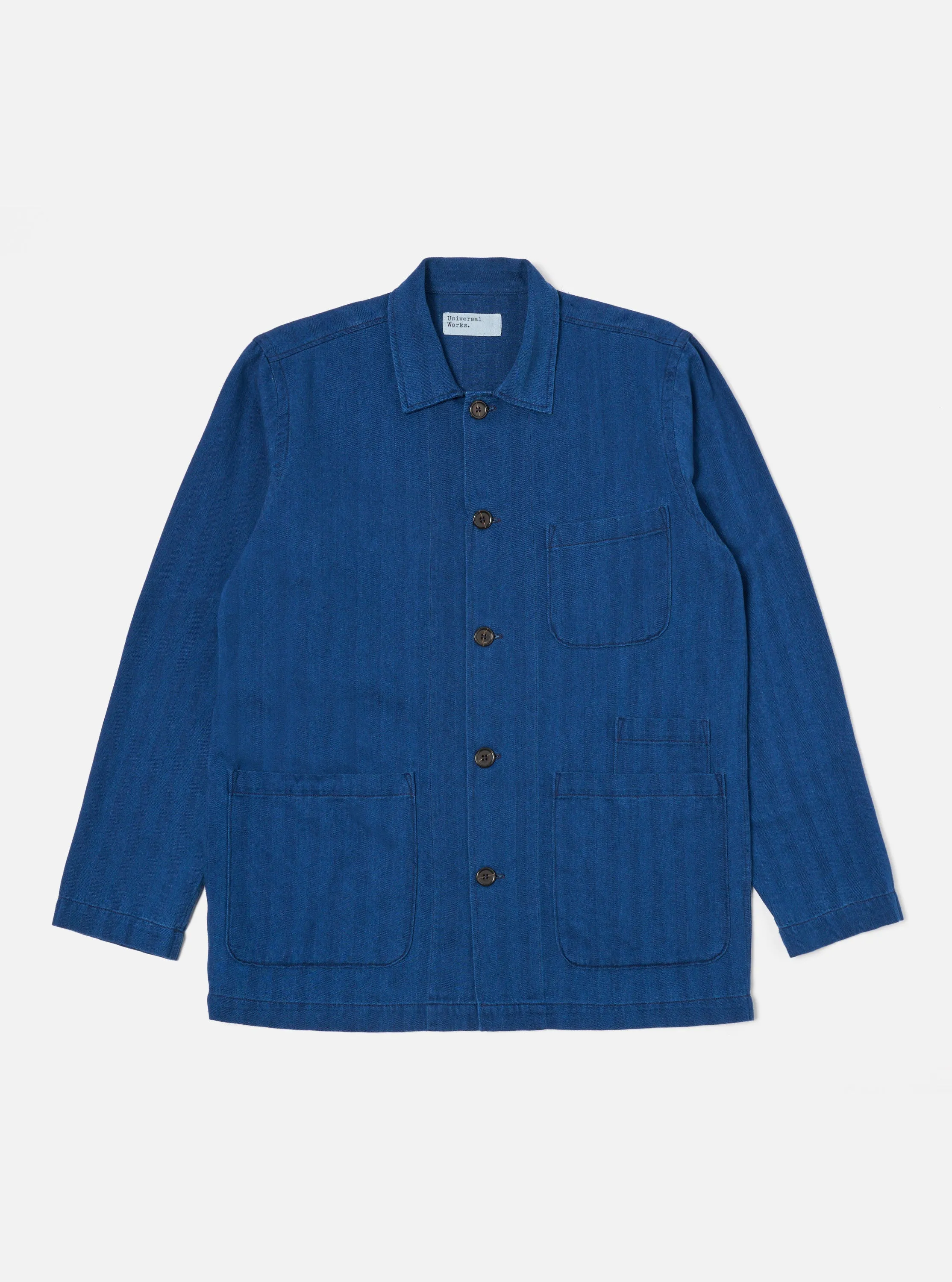 Universal Works Bakers Overshirt in Washed Indigo Herringbone Denim sold by Universal Works