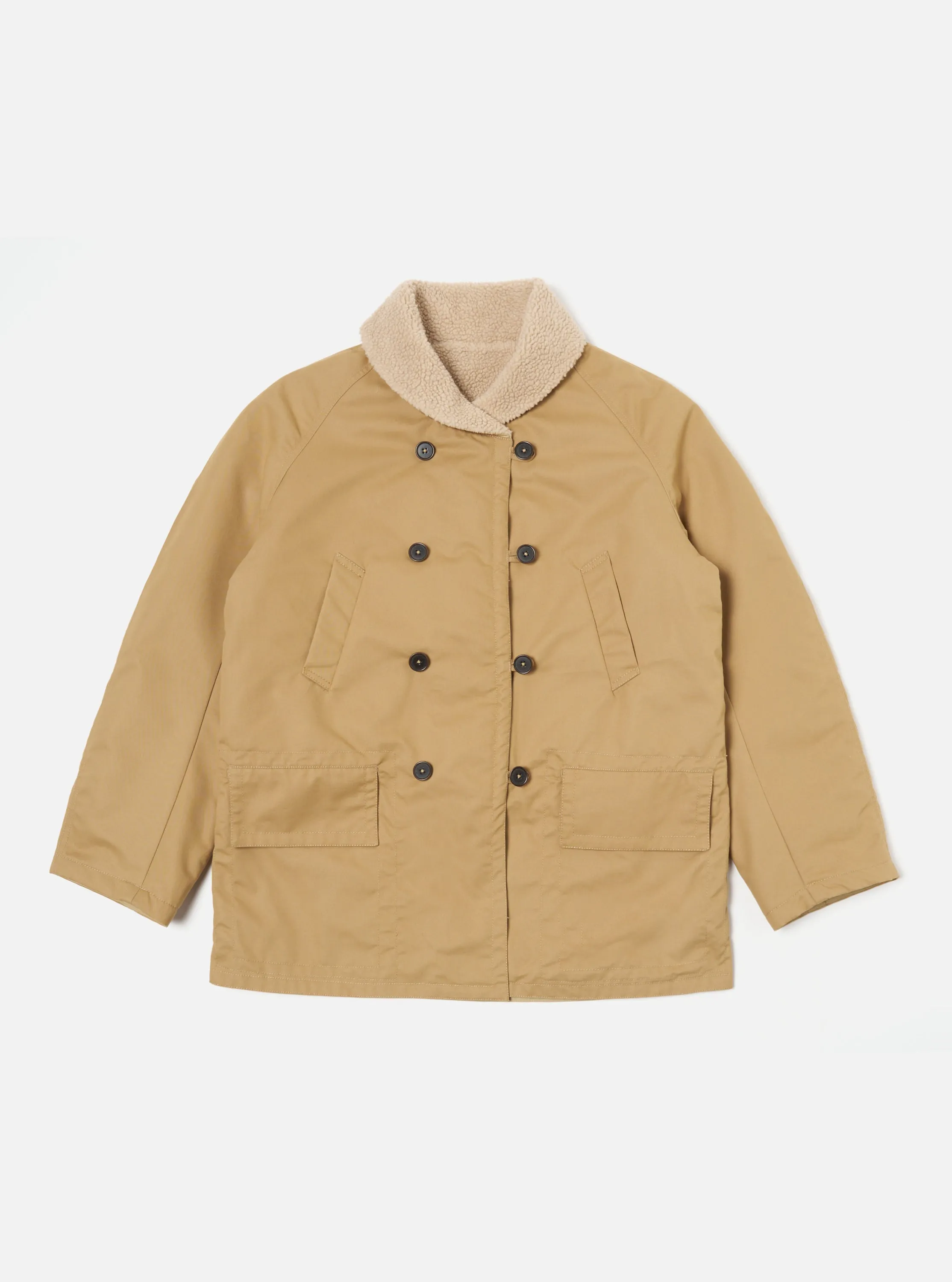 Universal Works Reversible Mackinaw Jacket in Sand Brushed Polytech/Sherpa sold by Universal Works