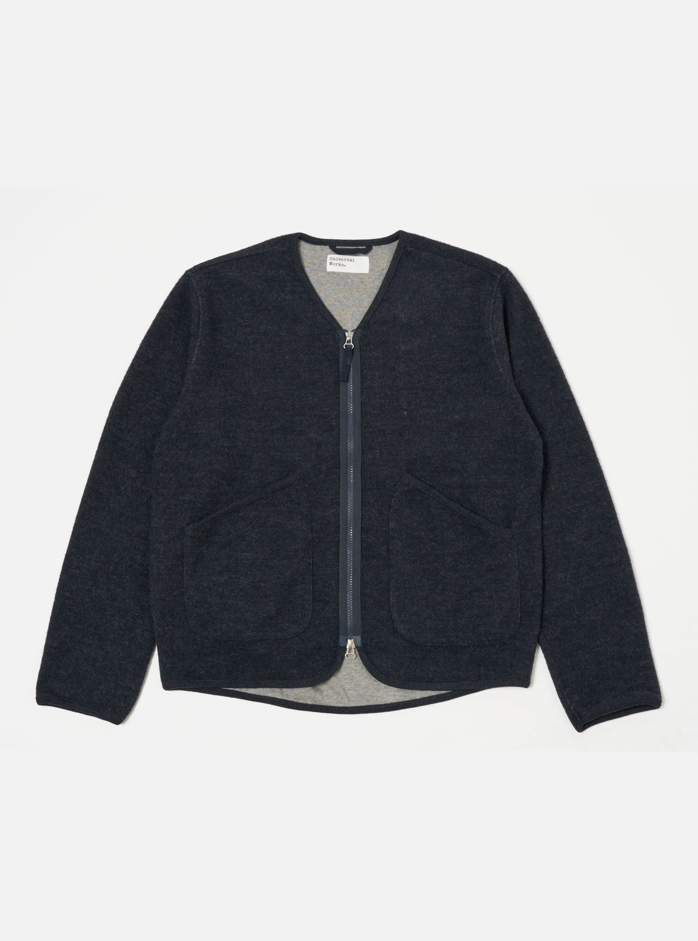 Universal Works Zip Liner Jacket in Navy Soft Wool Cotton Knit sold by Universal Works