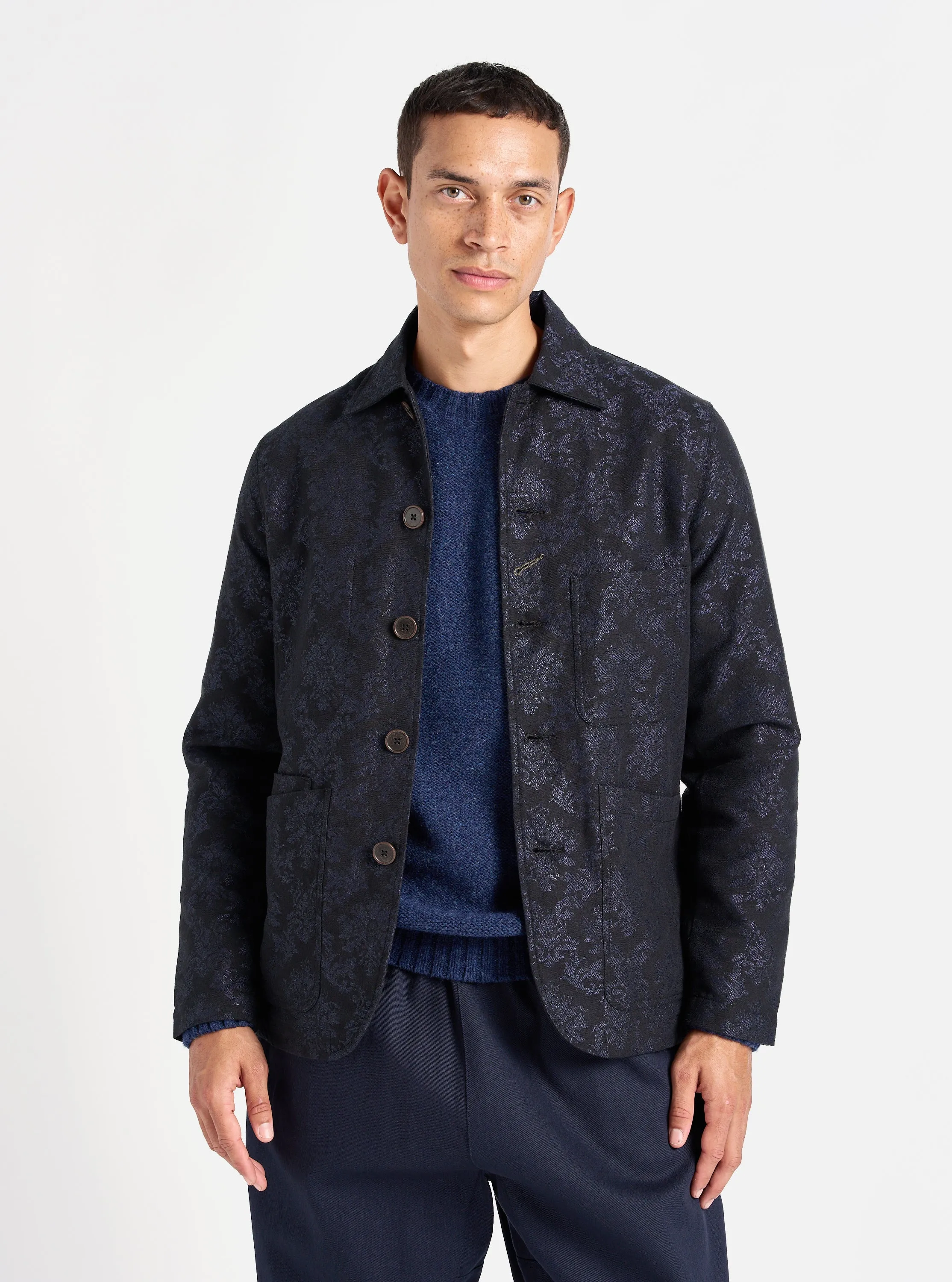 Universal Works Bakers Jacket in Black Starry Night Cotton Mix sold by Universal Works