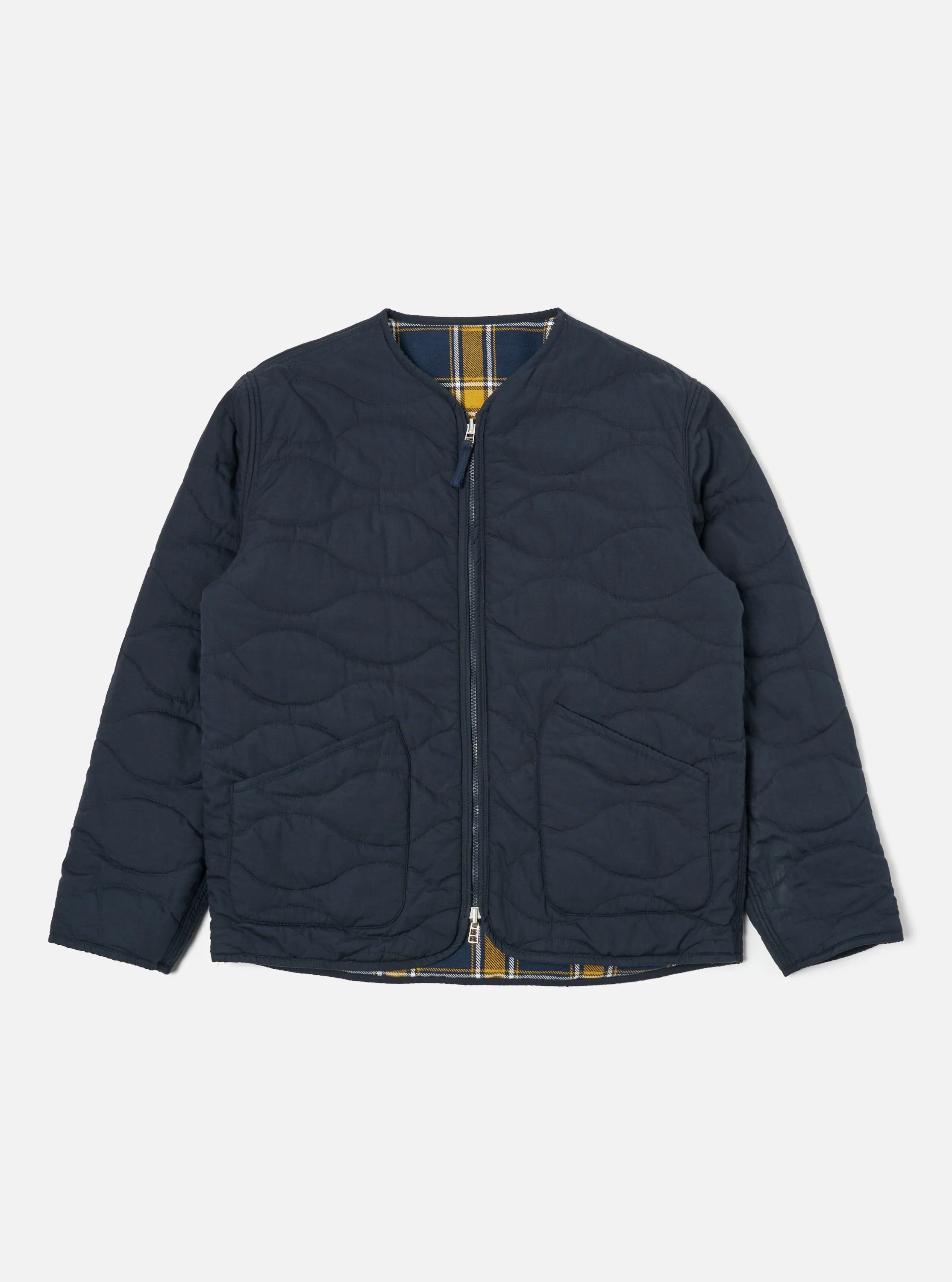Universal Works Reversible Military Liner Jacket in Yellow/Navy Twill Check Tartan sold by Universal Works