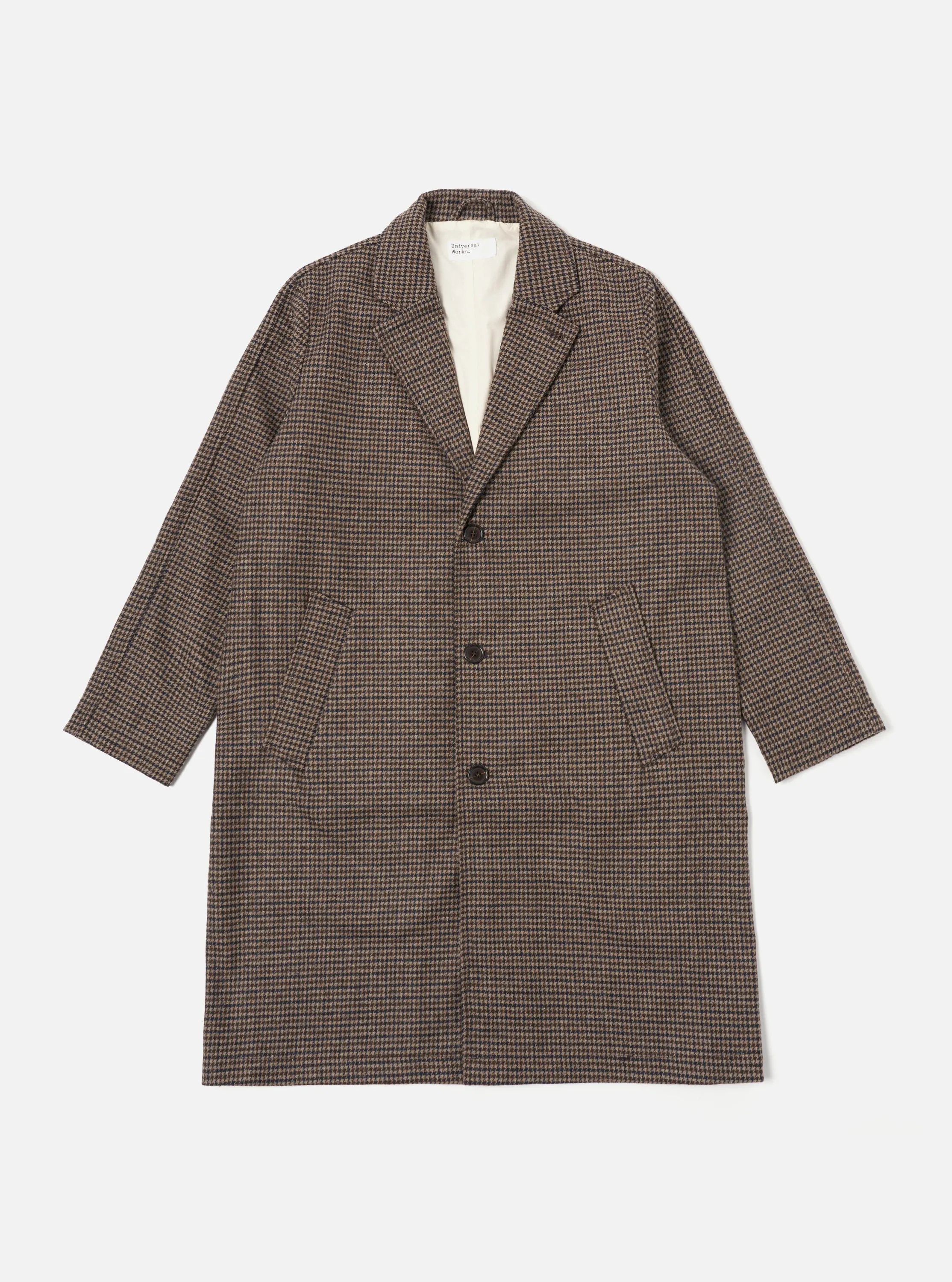 Universal Works Top Coat in Stone/Navy Carde Tweed sold by Universal Works