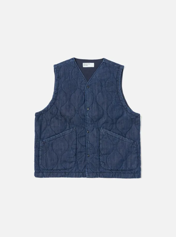 Universal Works Weekend Gilet in Indigo Quilt Denim sold by Universal Works