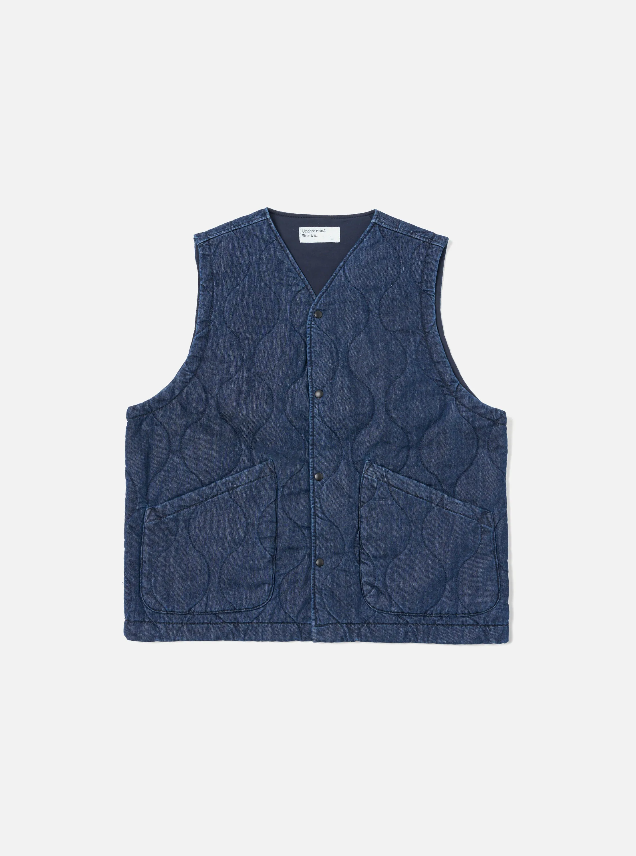 Universal Works Weekend Gilet in Indigo Quilt Denim sold by Universal Works
