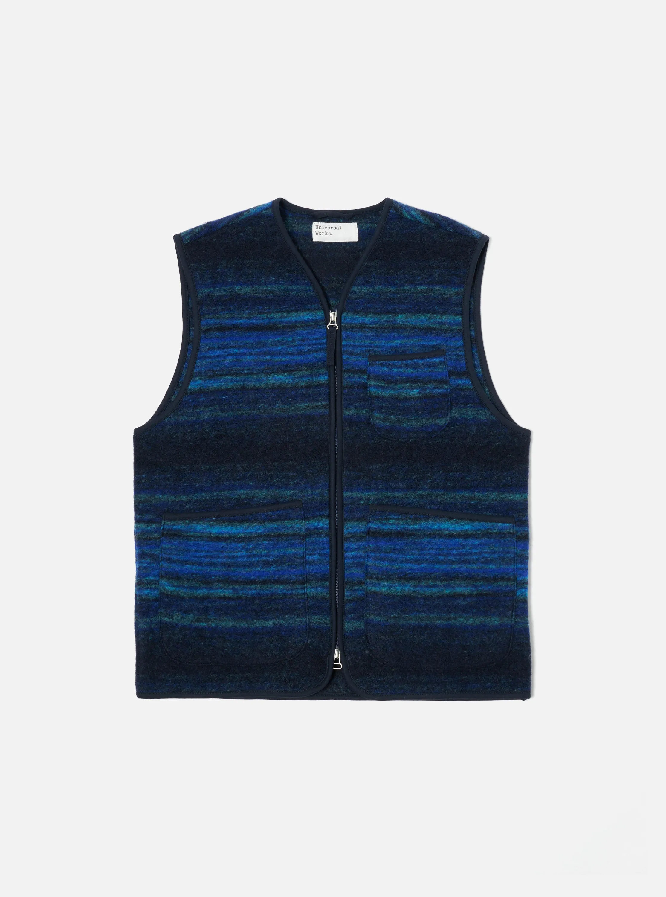 Universal Works Zip Gilet in Blue Mississippi Fleece sold by Universal Works