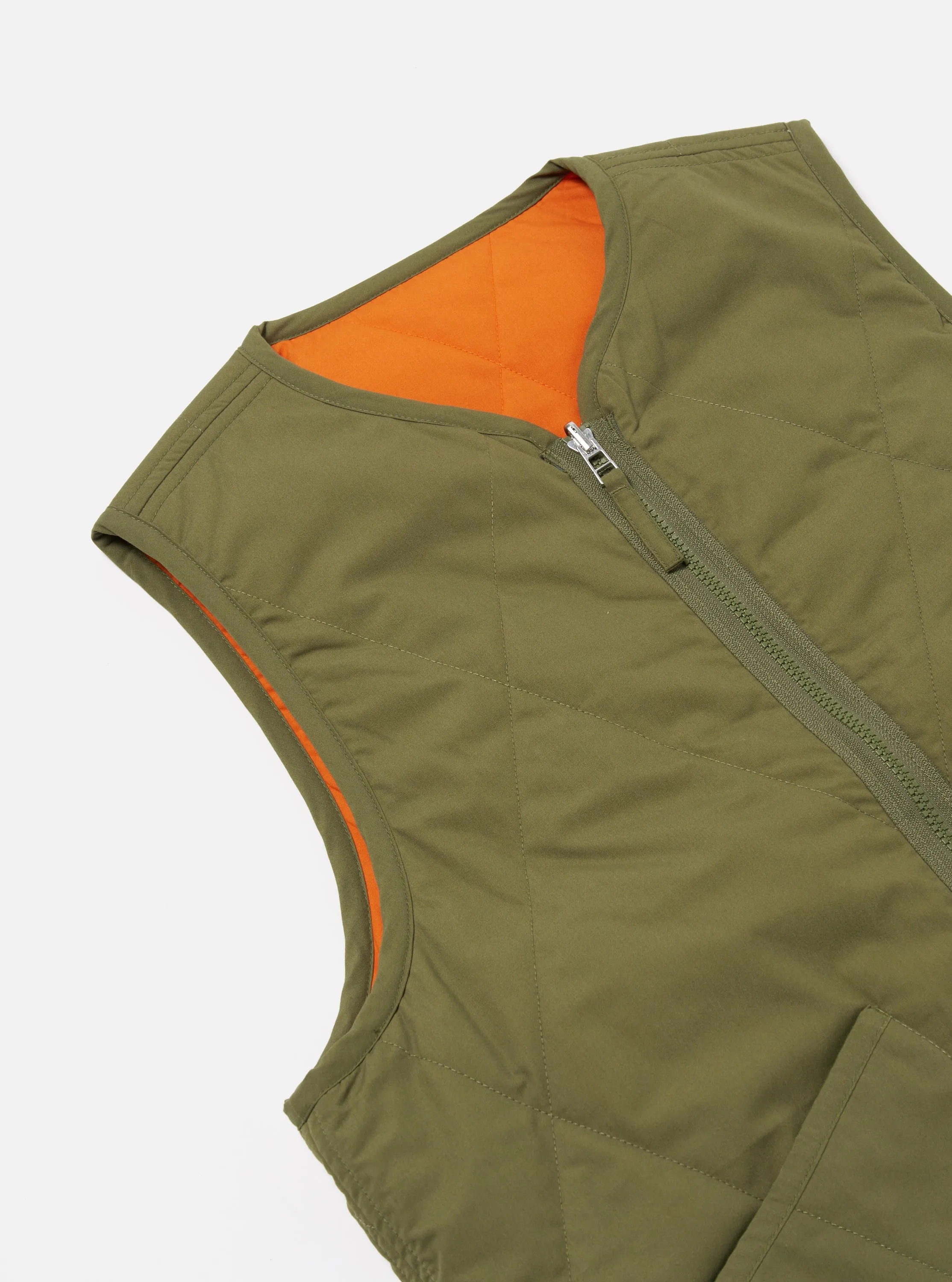 Universal Works Reversible Military Liner Gilet in Olive/Orange Recycled Polytech sold by Universal Works product image thumbnail 4