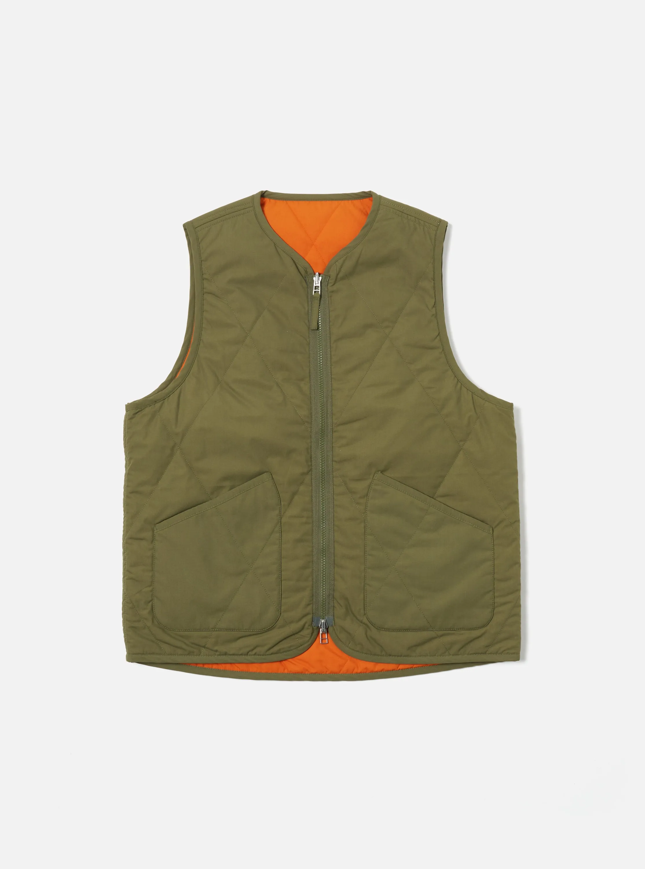 Universal Works Reversible Military Liner Gilet in Olive/Orange Recycled Polytech sold by Universal Works