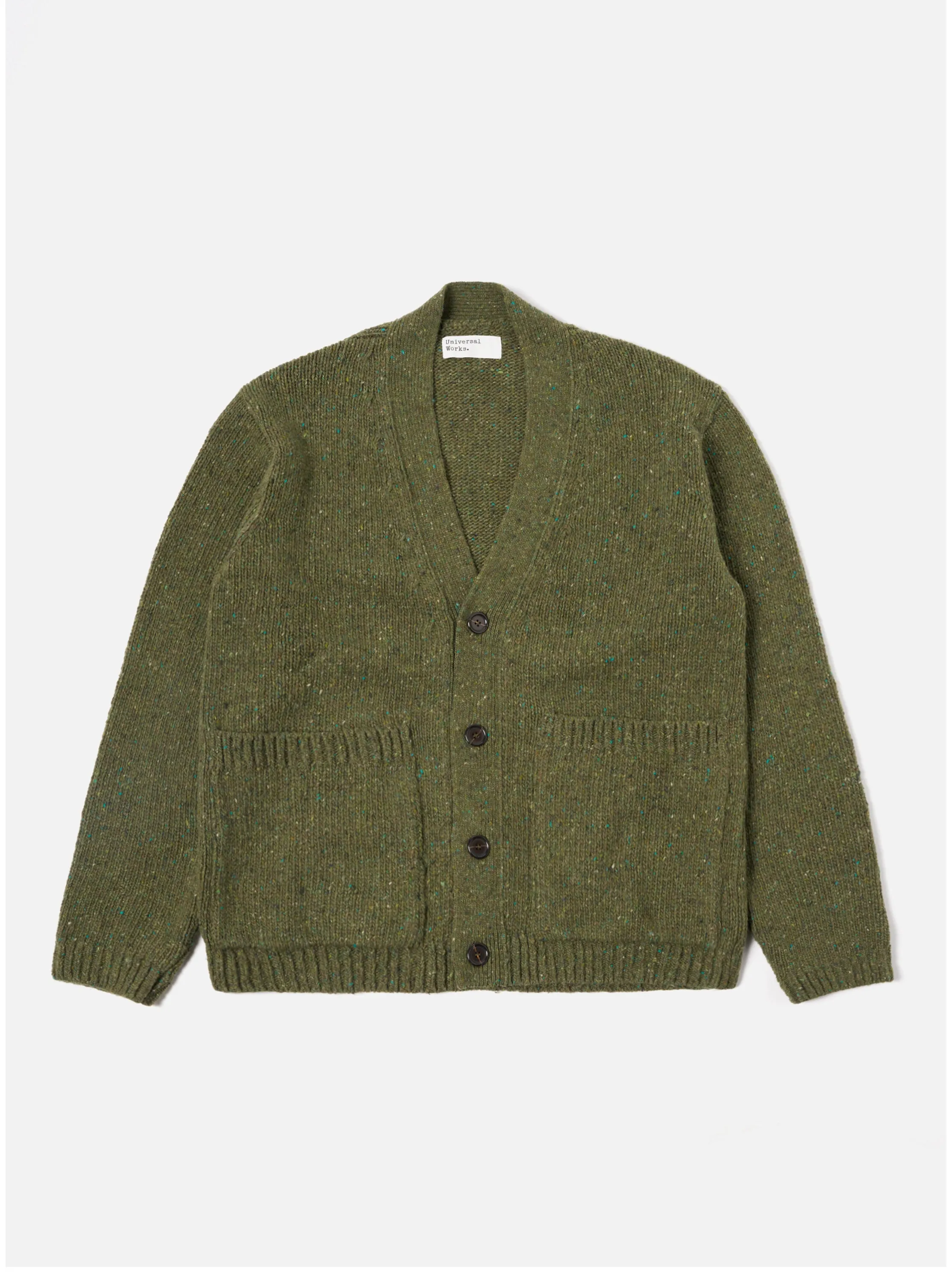 Universal Works Langdale Cardigan in Green Tweed Knit sold by Universal Works