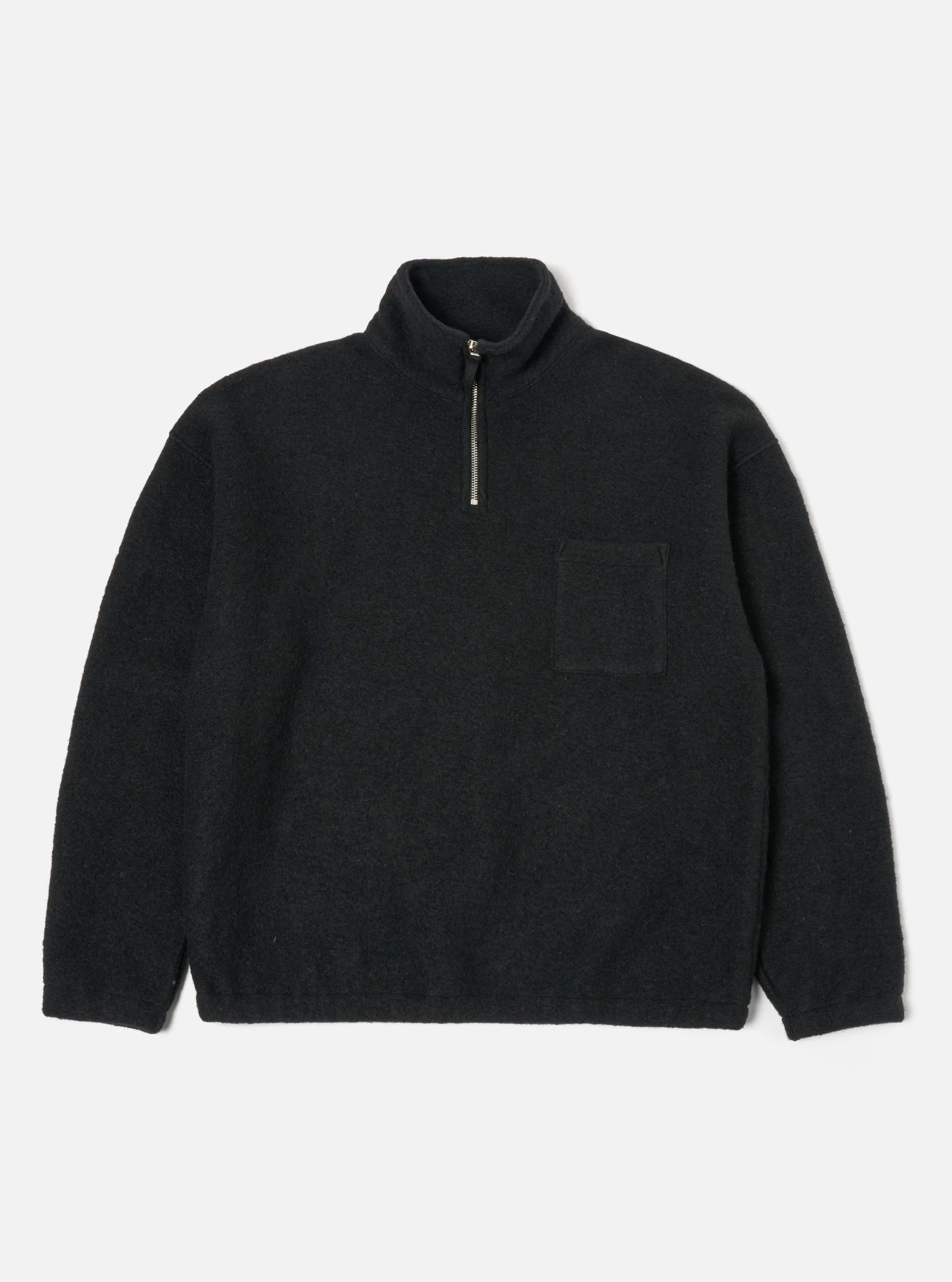 Universal Works Ramsay Quarter Zip in Black Wool Fleece sold by Universal Works