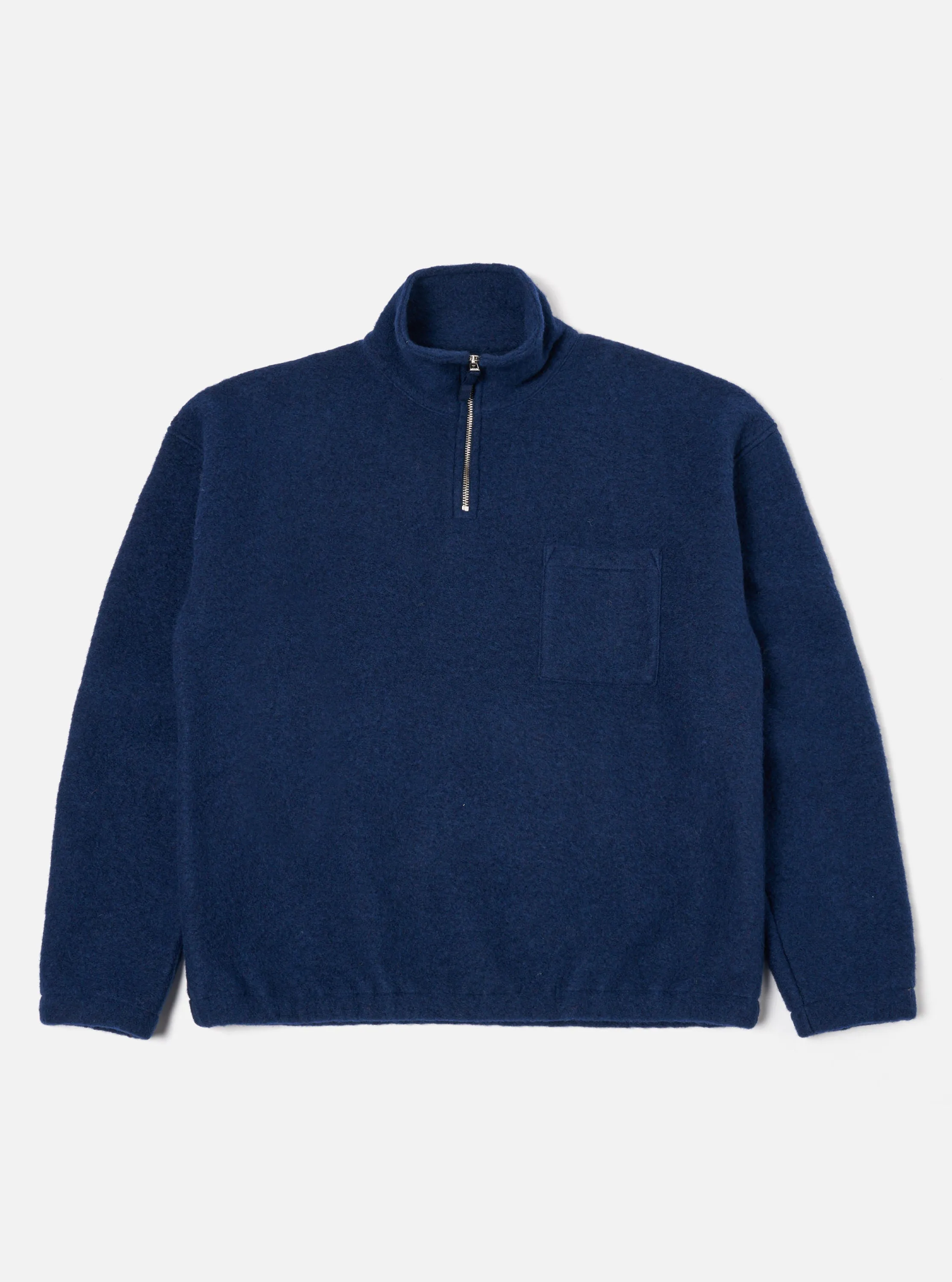 Universal Works Ramsay Quarter Zip in Indigo Wool Fleece sold by Universal Works