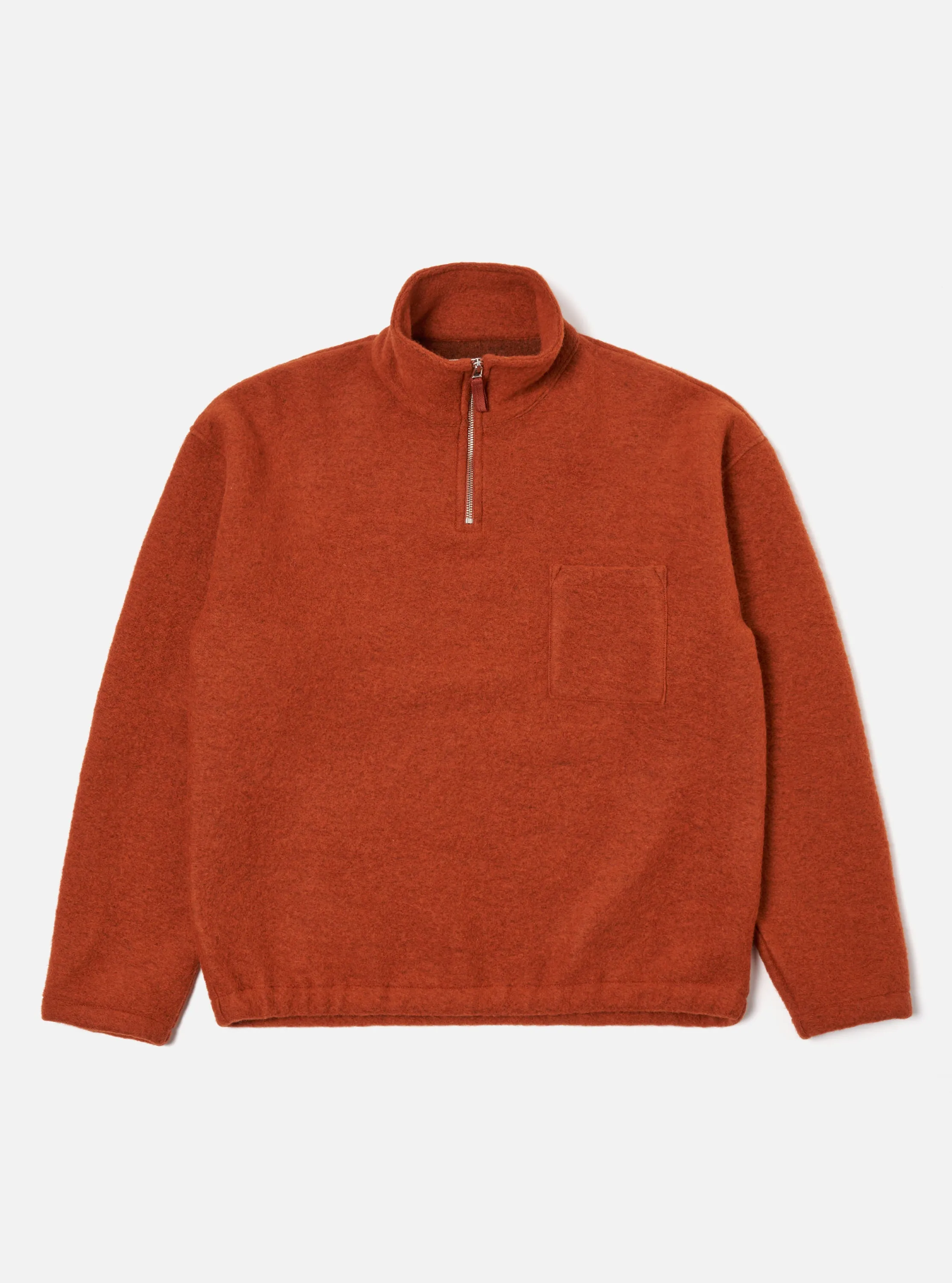 Universal Works Ramsay Quarter Zip in Orange Wool Fleece sold by Universal Works