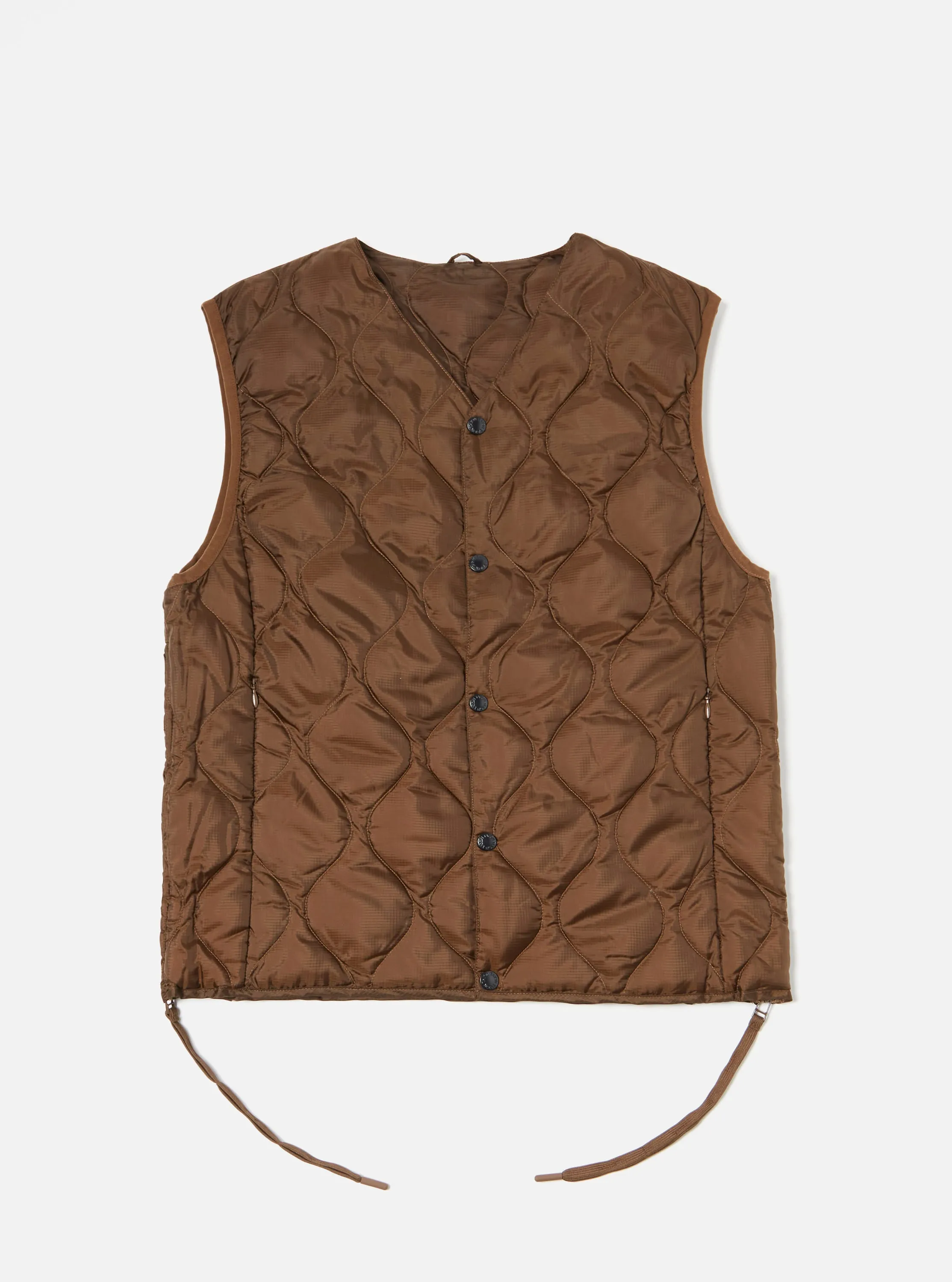 Taion by F/CE. Packable Down Vest in Brown Nylon Ripstop/Duck Down sold by Universal Works