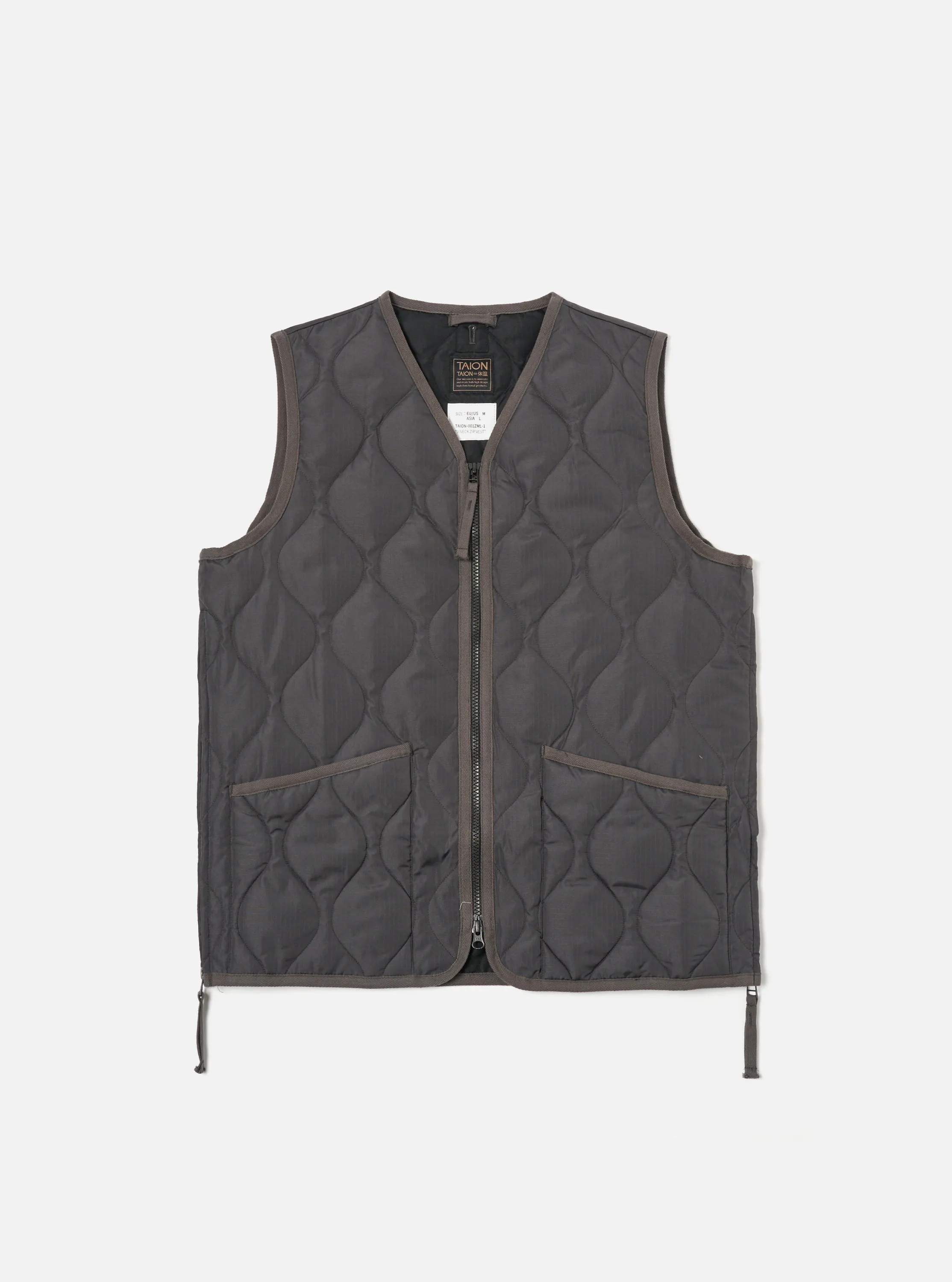 Taion Military V-Neck Down Vest in Charcoal Ripstop sold by Universal Works