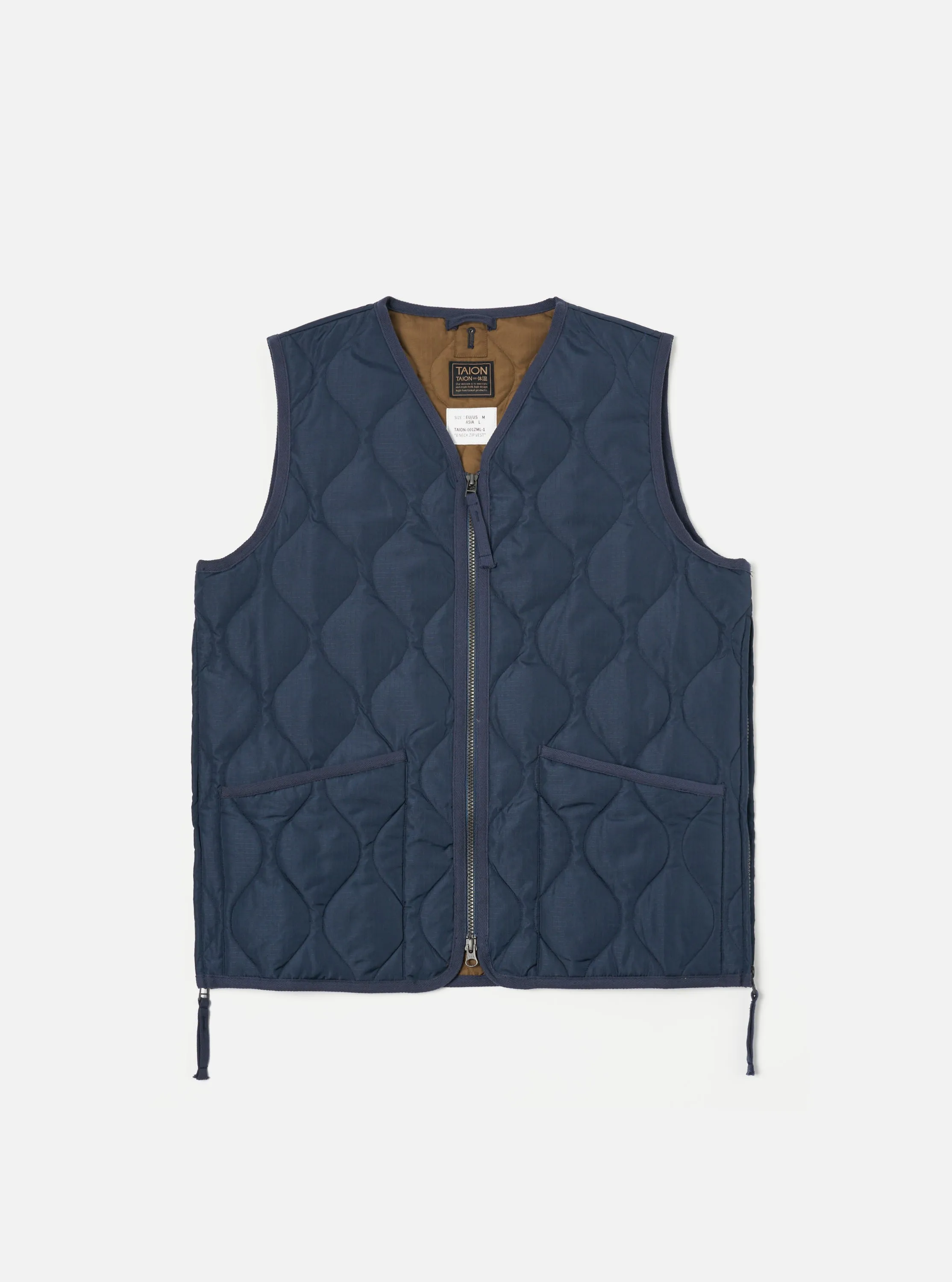 Taion Military V-Neck Down Vest in Dark Navy Ripstop sold by Universal Works