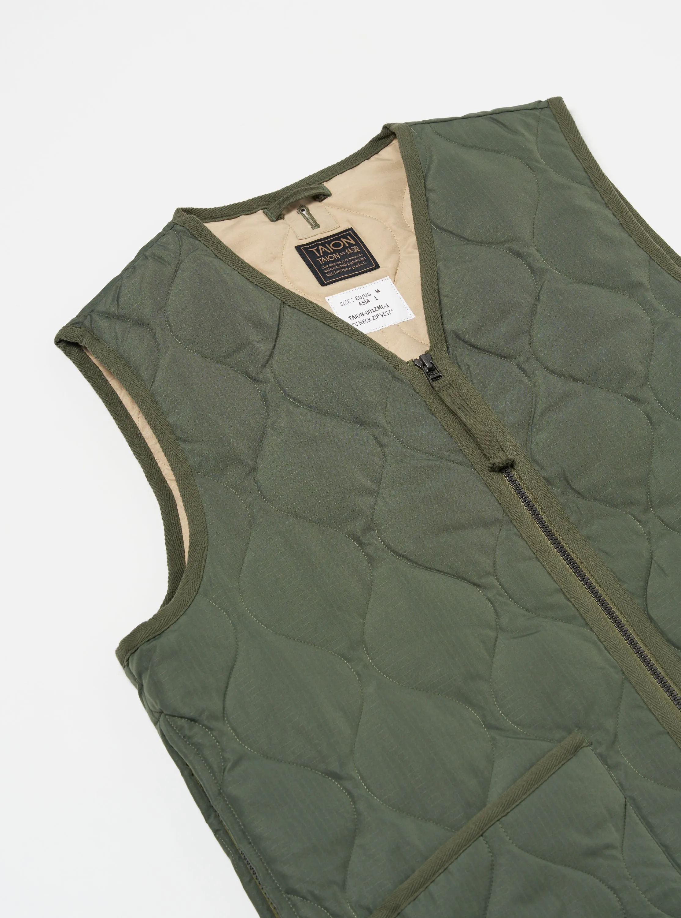 Taion Military V-Neck Down Vest in Olive Ripstop sold by Universal Works product image thumbnail 3