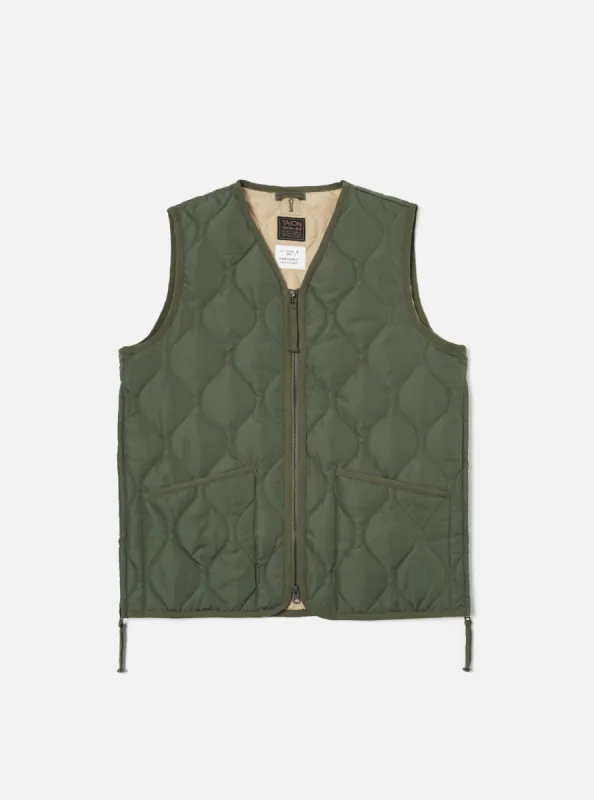 Taion Military V-Neck Down Vest in Olive Ripstop sold by Universal Works