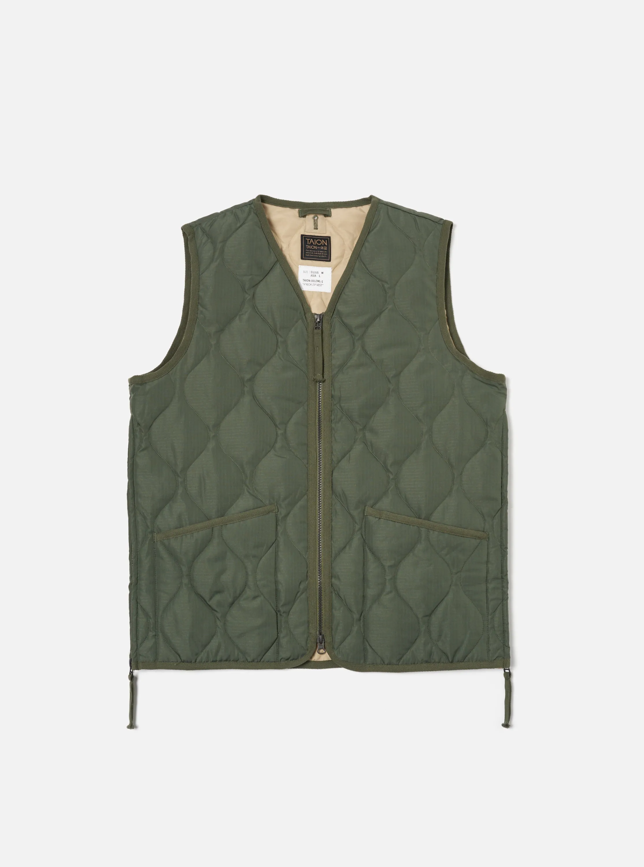 Taion Military V-Neck Down Vest in Olive Ripstop sold by Universal Works