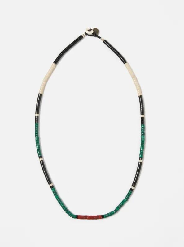 Mikia Necklace Heishi Beads in Malachite/Jet sold by Universal Works