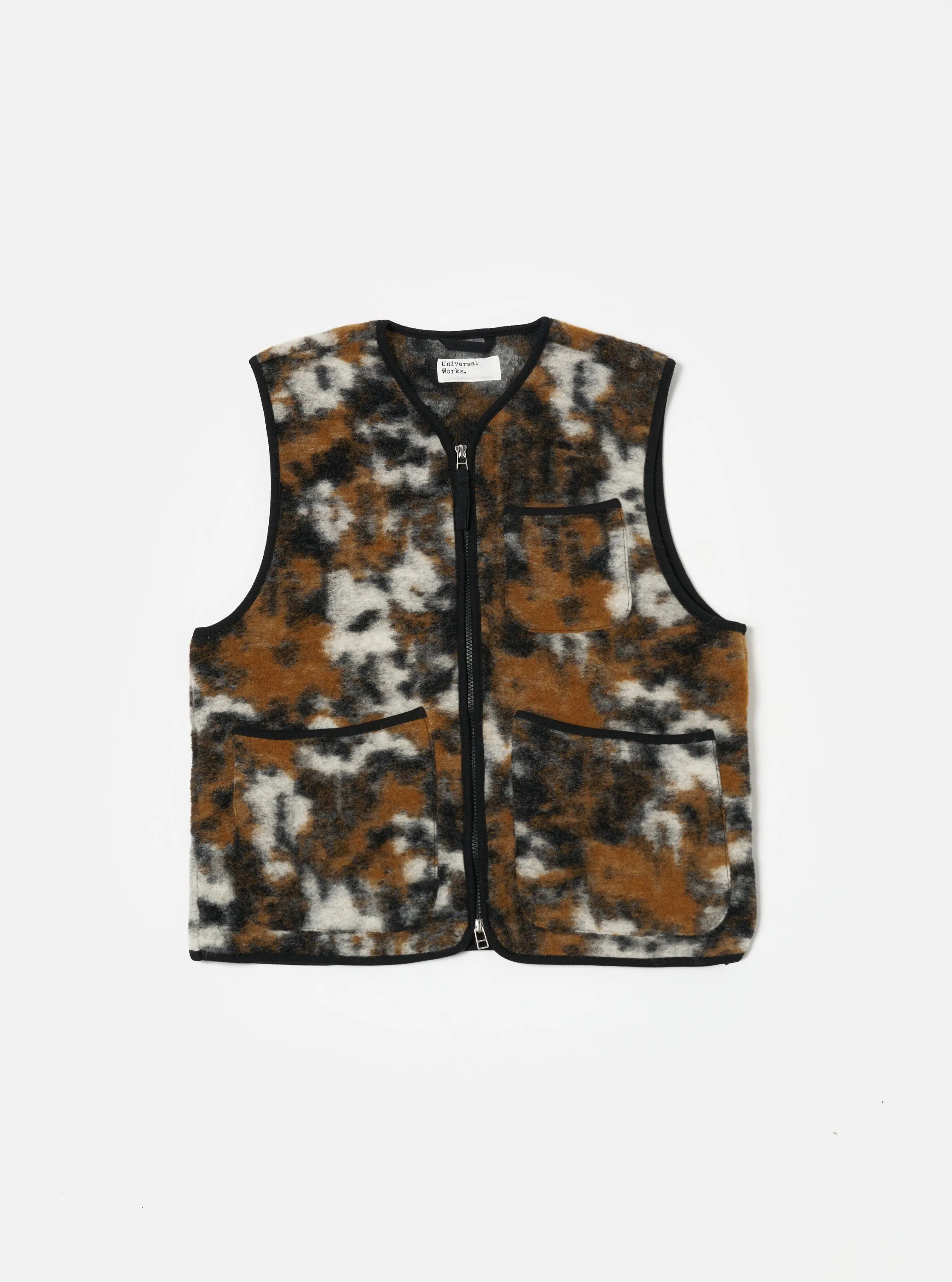 Universal Works Zip Gilet in Brown Ylang Flower Fleece sold by Universal Works