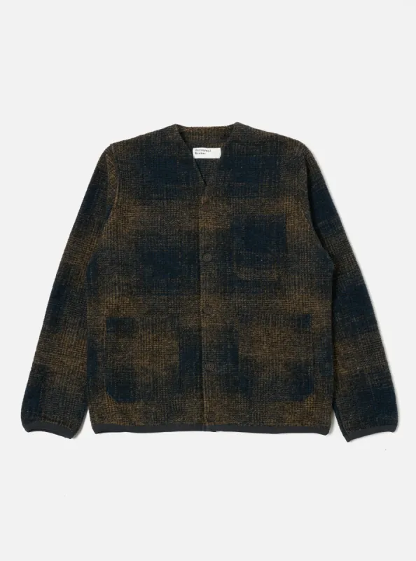 Universal Works Cardigan in Navy/Sand Agu Check Fleece sold by Universal Works