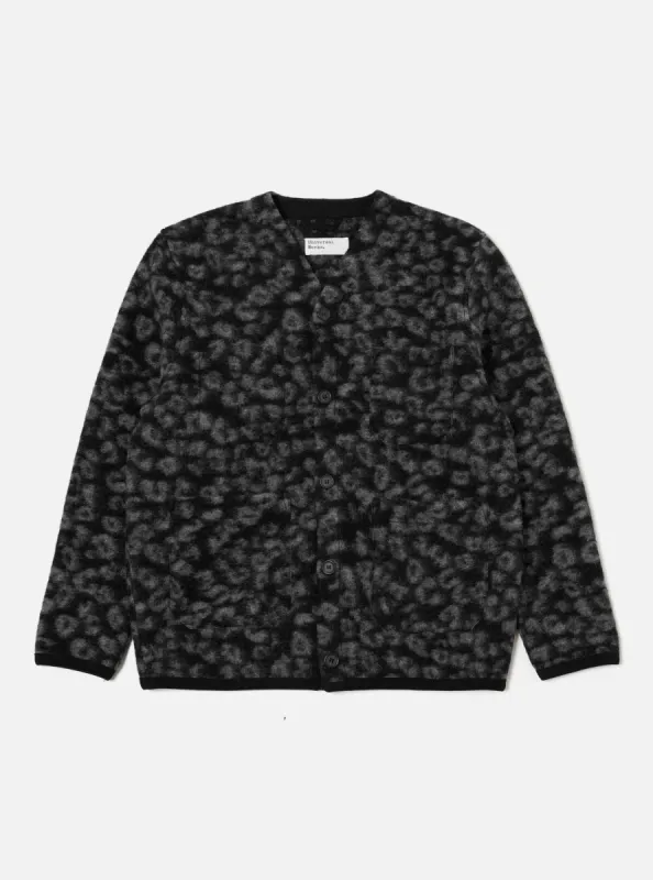 Universal Works Cardigan in Black/Charcoal Leopard Fleece sold by Universal Works