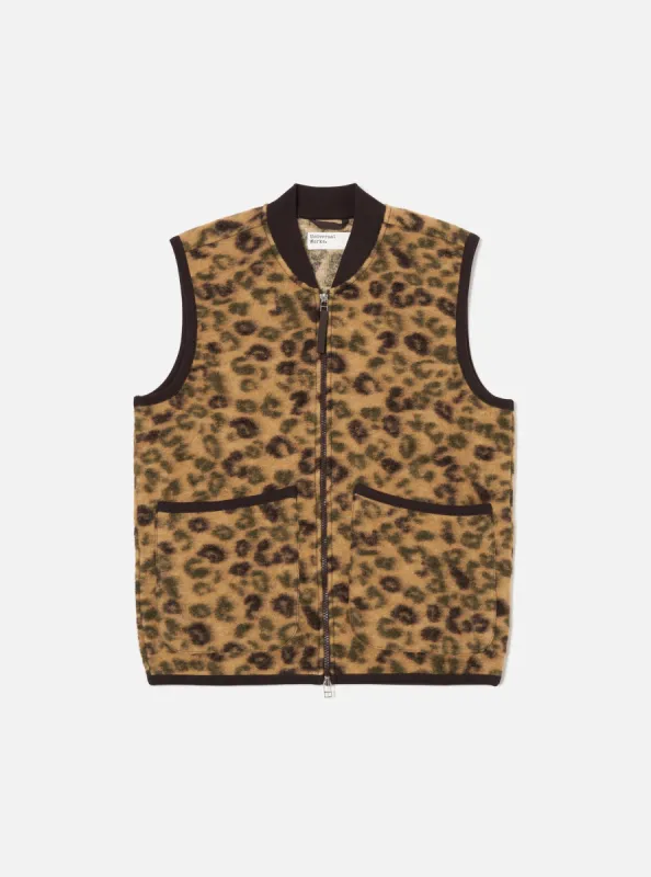 Universal Works Zip Waistcoat in Camo Leopard Fleece sold by Universal Works