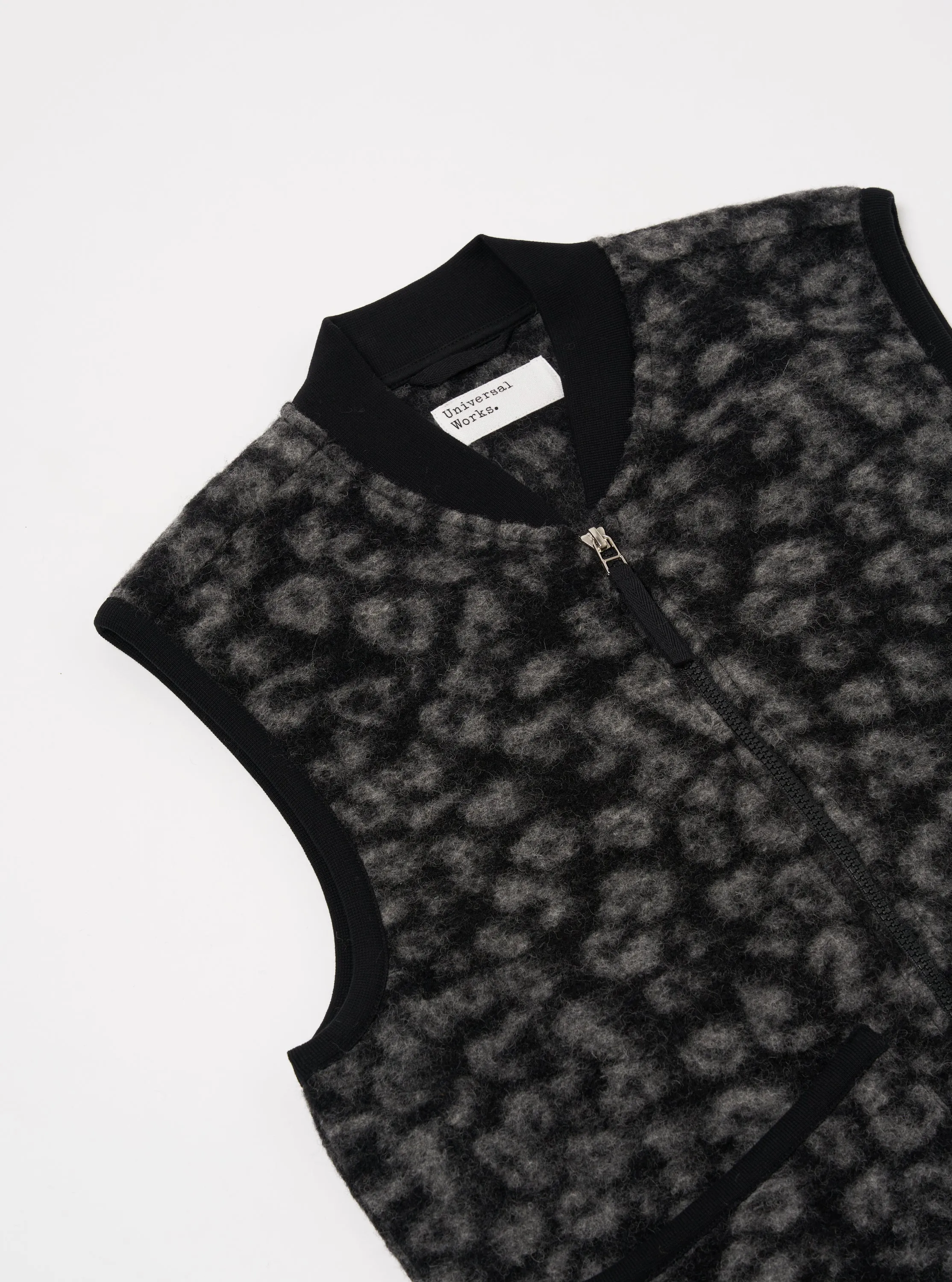 Universal Works Zip Waistcoat in Black/Charcoal Leopard Fleece sold by Universal Works product image thumbnail 3