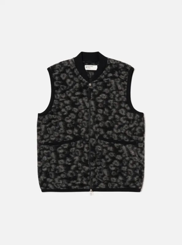Universal Works Zip Waistcoat in Black/Charcoal Leopard Fleece sold by Universal Works