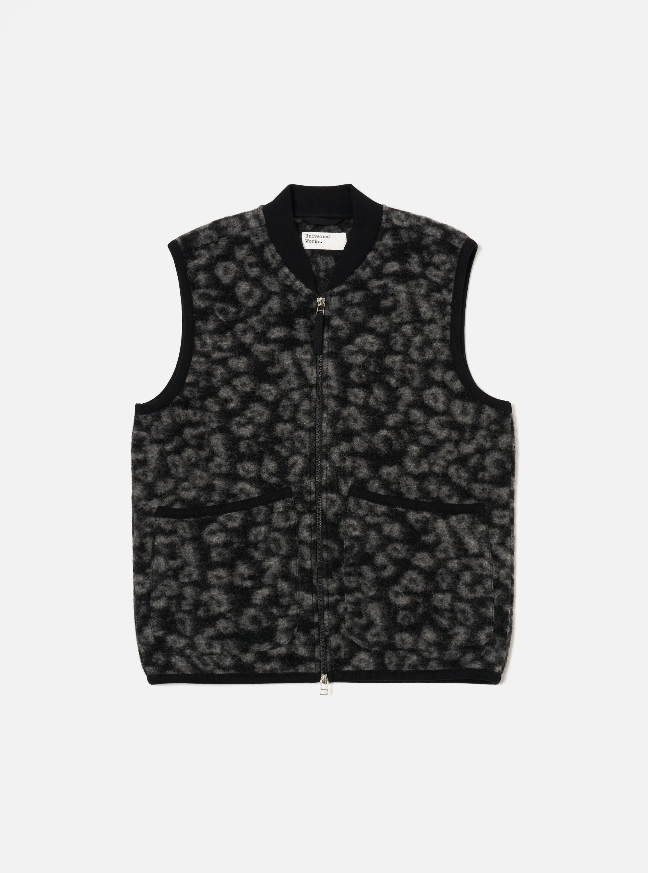 Universal Works Zip Waistcoat in Black/Charcoal Leopard Fleece sold by Universal Works