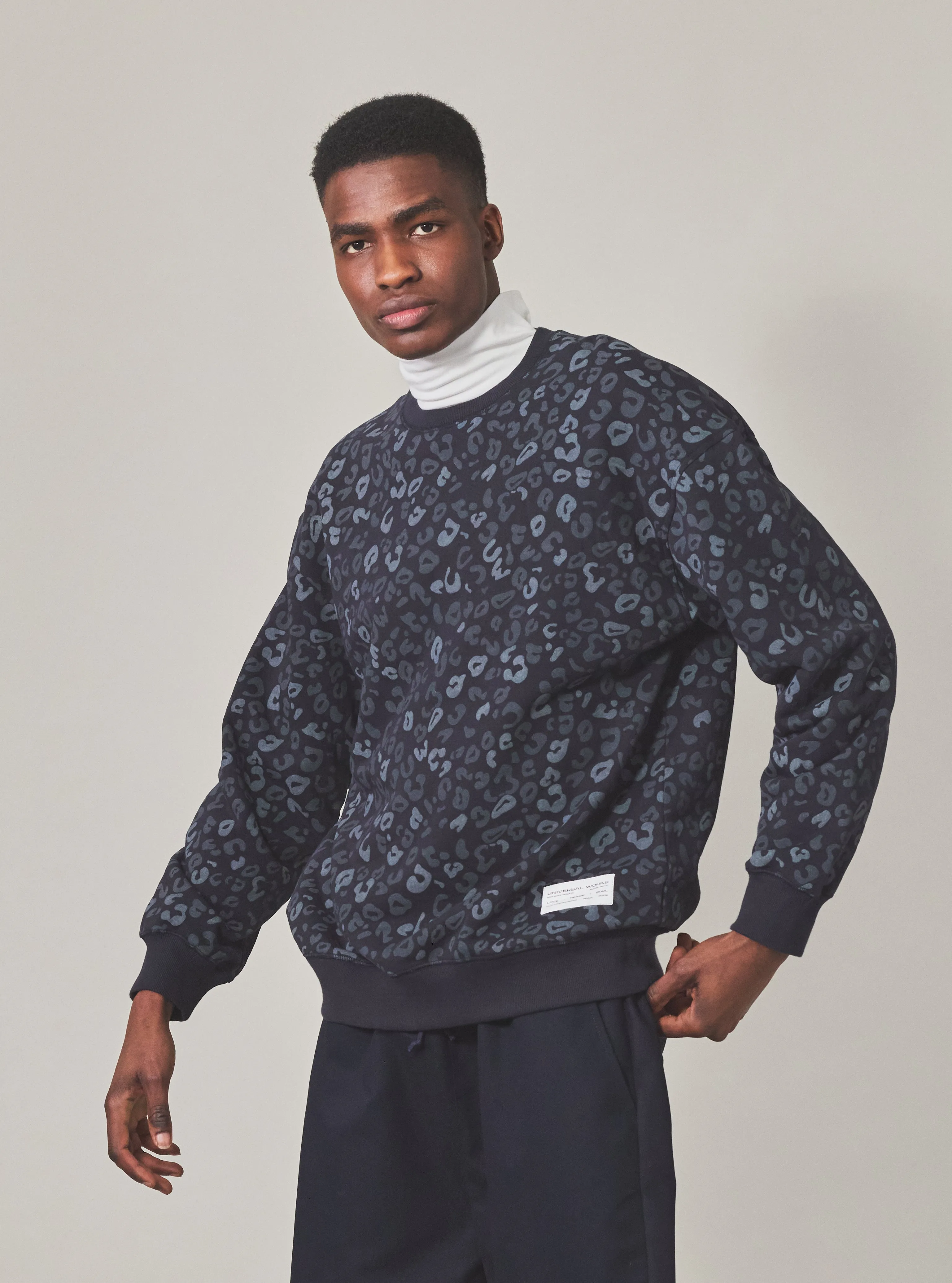 Universal Works Loose Sweatshirt in Navy Leopard Brush Back sold by Universal Works product image thumbnail 2