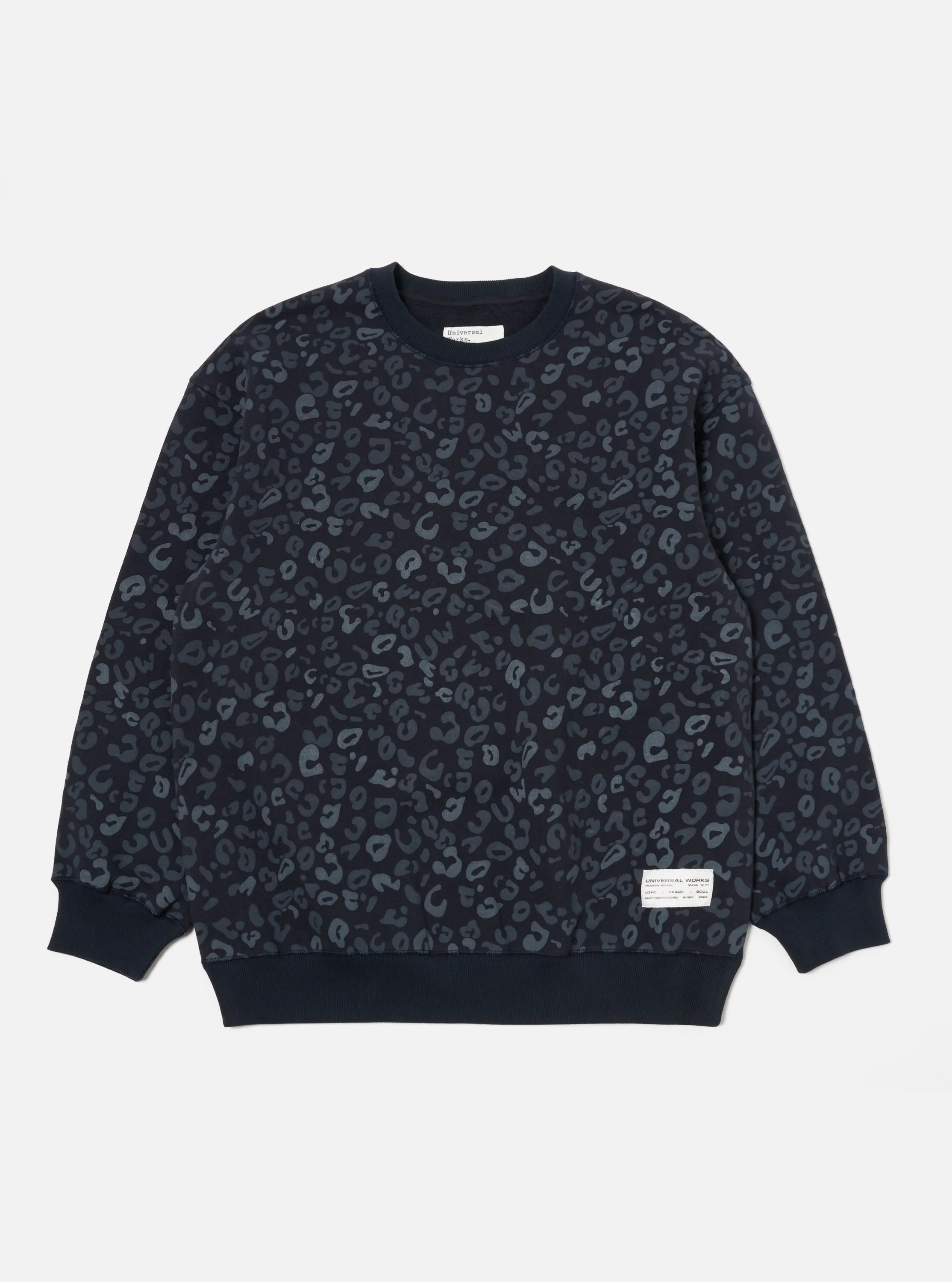 Universal Works Loose Sweatshirt in Navy Leopard Brush Back sold by Universal Works