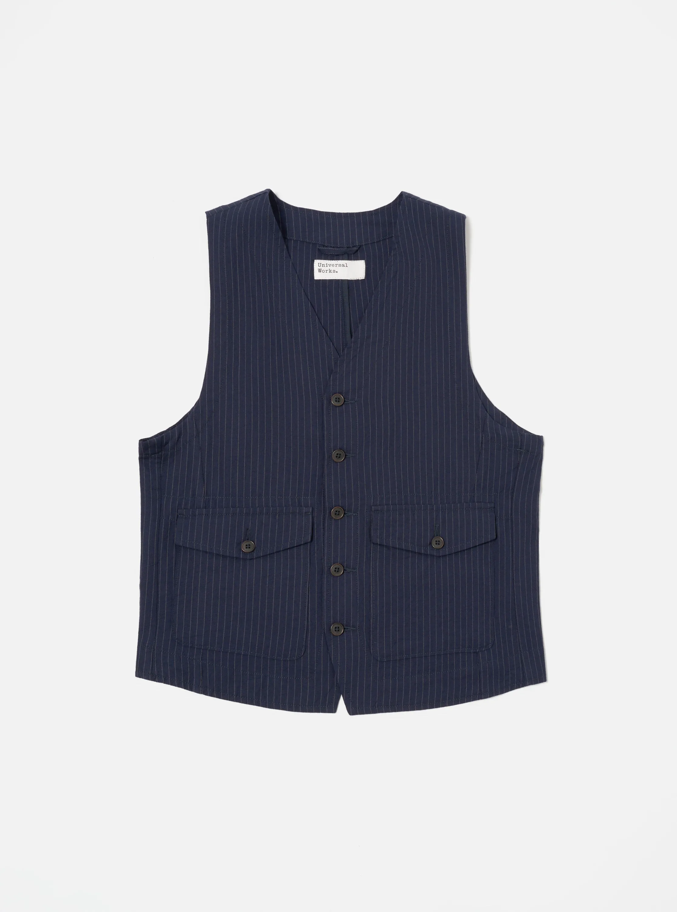 Universal Works Field Waistcoat in Navy Cotton Pinstripe sold by Universal Works