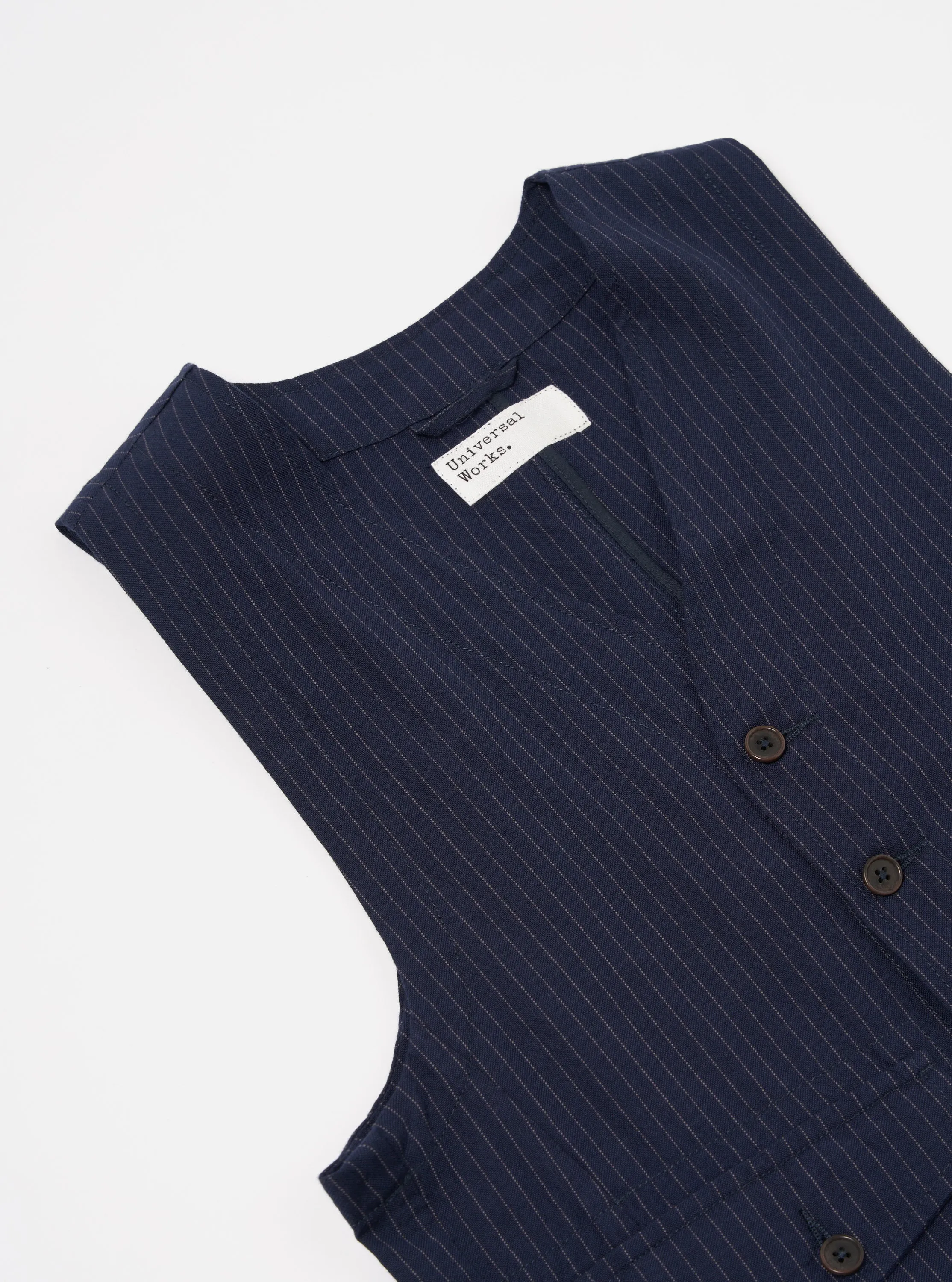 Universal Works Field Waistcoat in Navy Cotton Pinstripe sold by Universal Works product image thumbnail 3