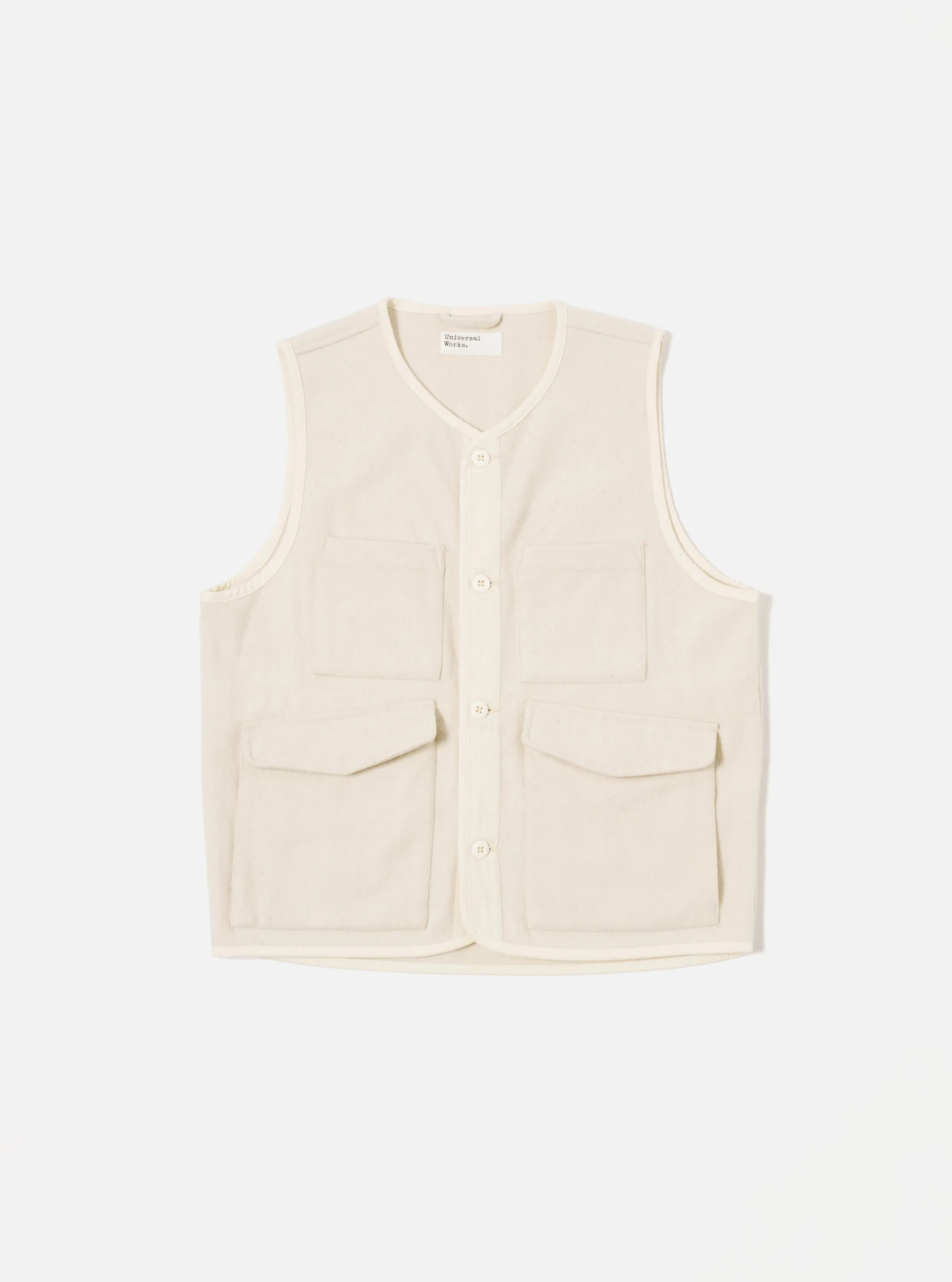 Universal Works 4 Pocket Gilet in Ecru Marl Mowbray sold by Universal Works