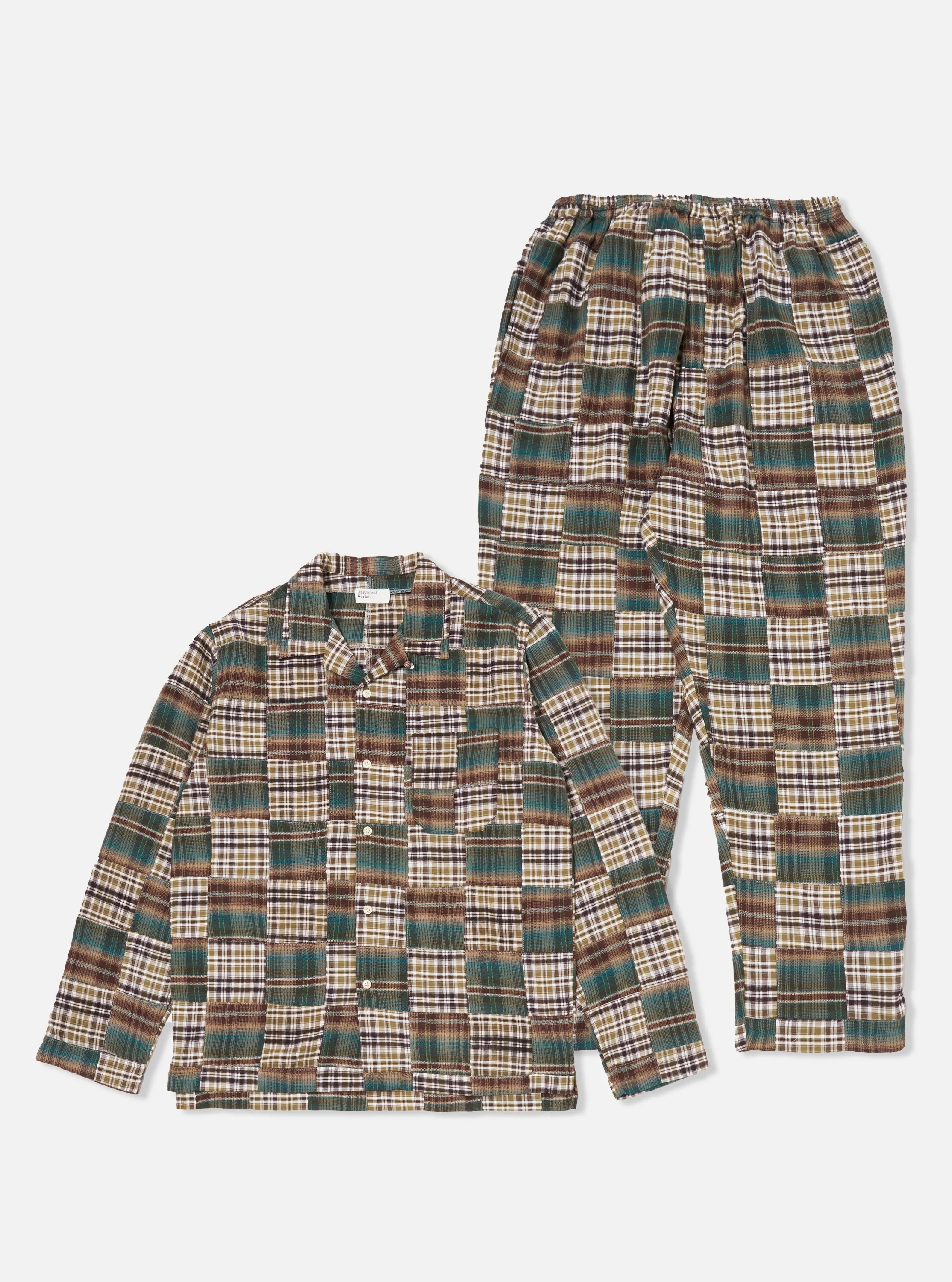 Universal Works Long Pyjama Set in Green/Brown Patchwork Madras sold by Universal Works
