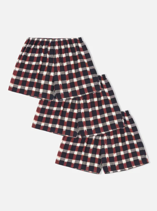Universal Works 3 Pack Boxer Short in Navy/Brown Check Ikat sold by Universal Works