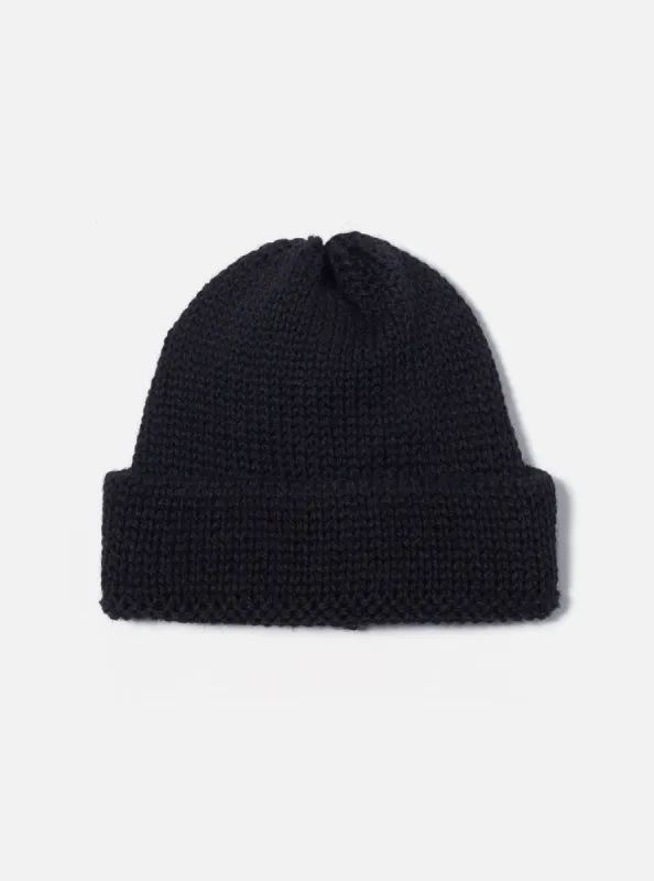 Universal Works Short Watch Cap in Black British Wool sold by Universal Works