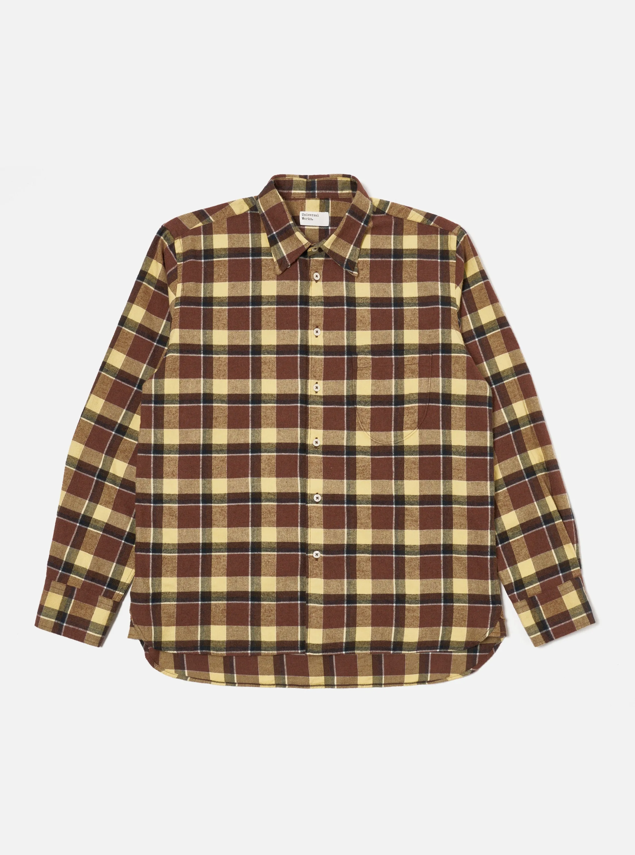 Universal Works Lazy Day Shirt in Yellow/Brown Brushed Twill Check sold by Universal Works