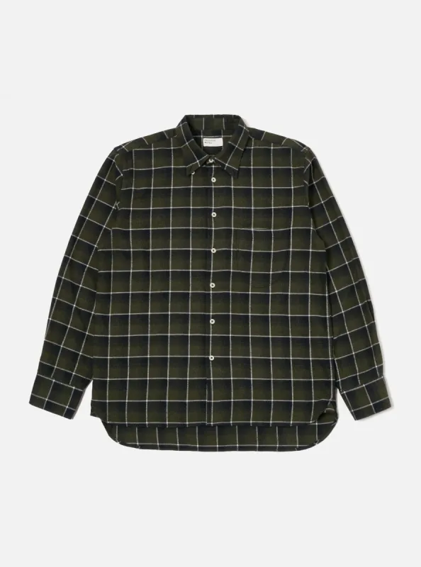 Universal Works Lazy Day Shirt in Olive Brushed Twill Check sold by Universal Works
