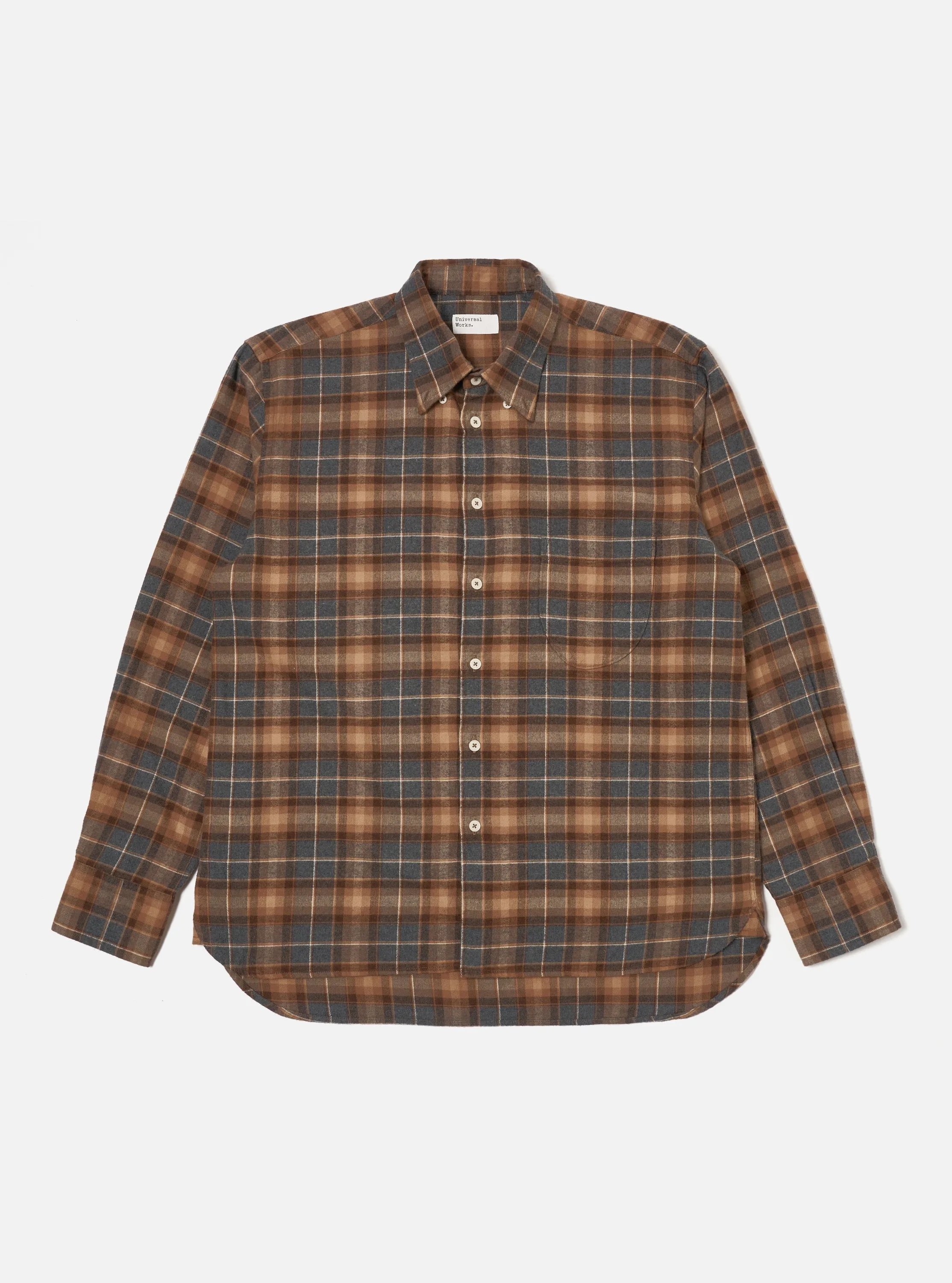 Universal Works Lazy Day Shirt in Brown/Grey Brushed Twill Check sold by Universal Works
