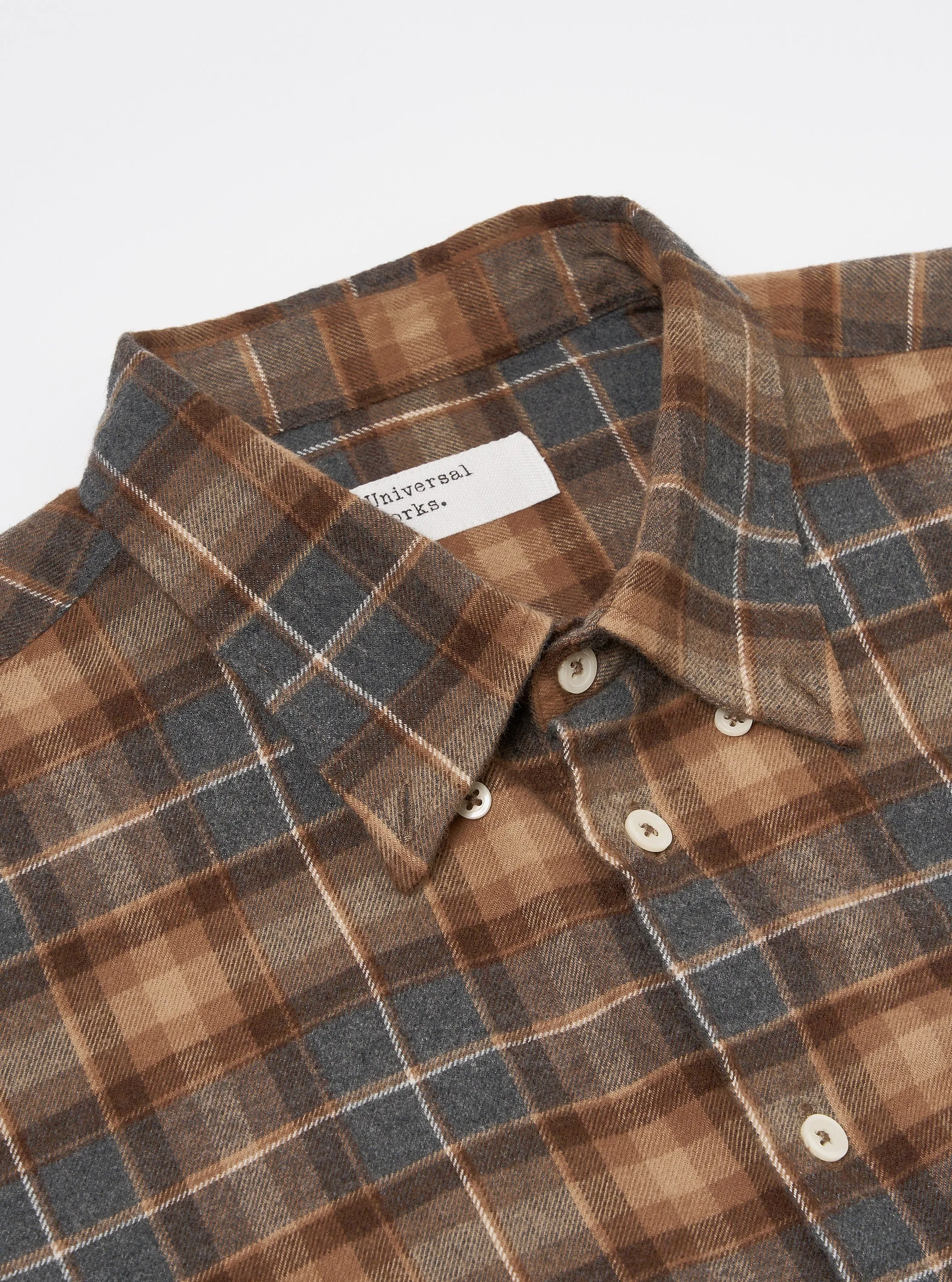 Universal Works Lazy Day Shirt in Brown/Grey Brushed Twill Check sold by Universal Works product image thumbnail 3