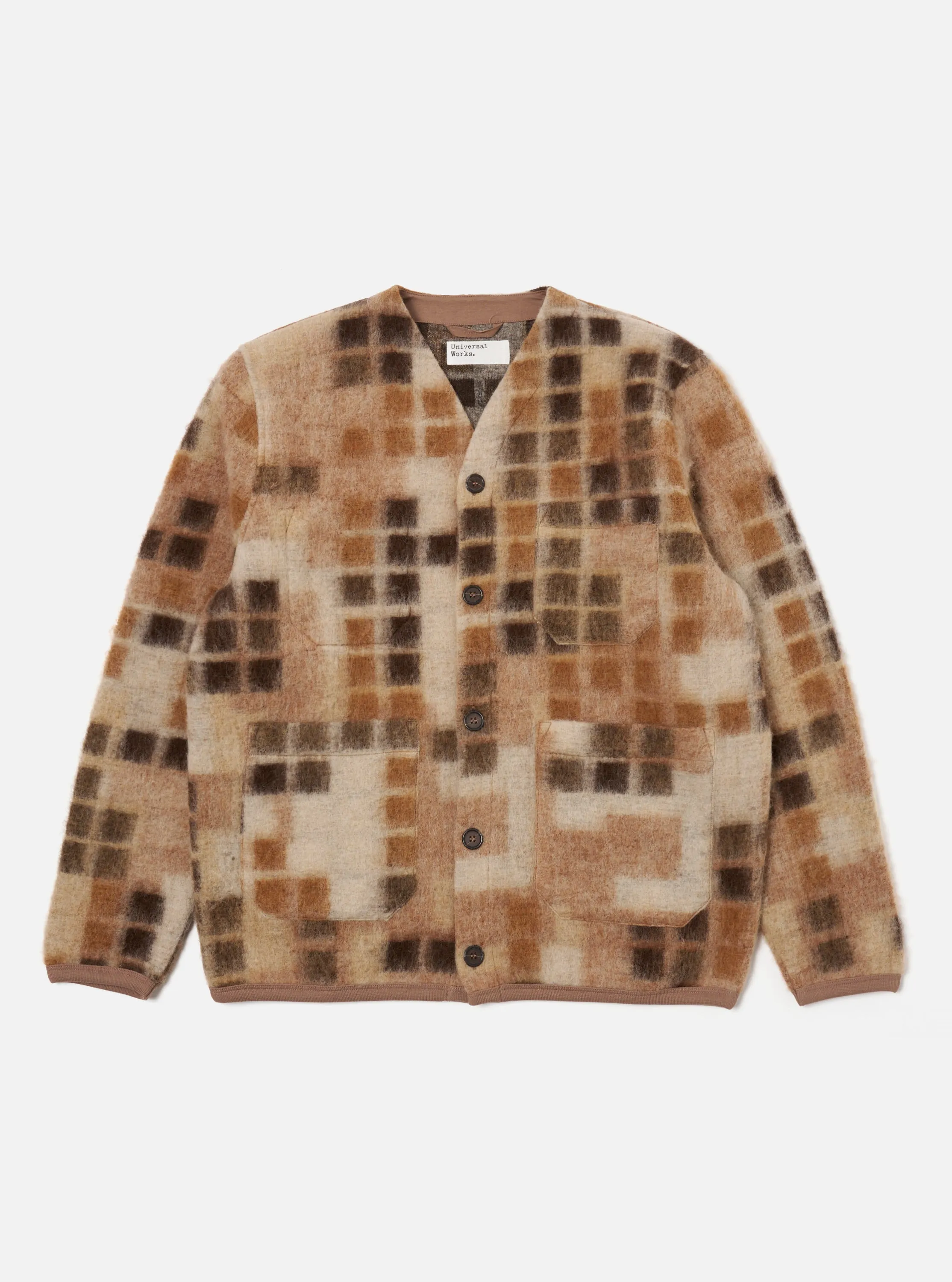 Universal Works Cardigan in Sand Mosaic Fleece sold by Universal Works