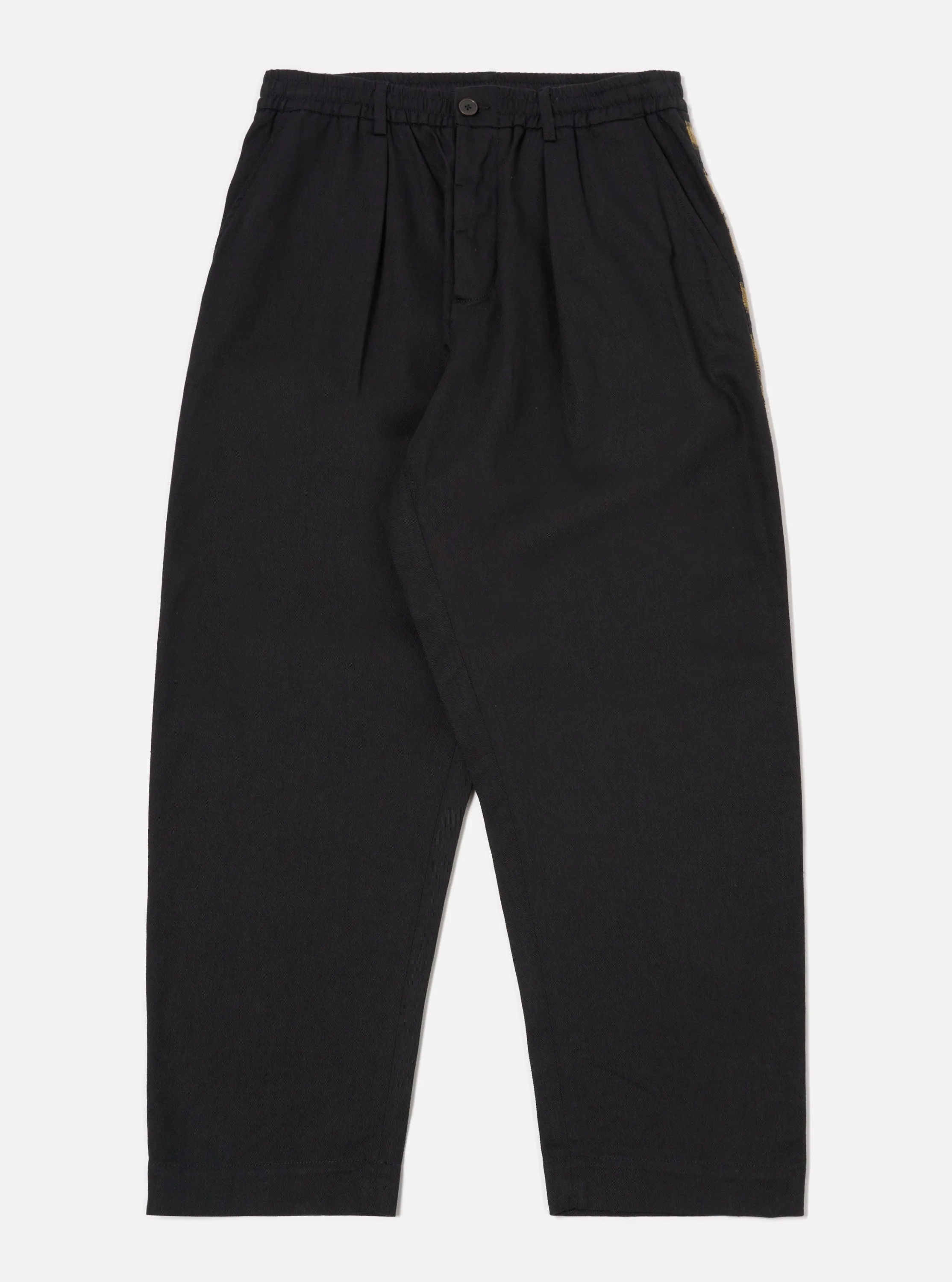 Universal Works Oxford Pant in Black Works Twill/Blanket Stripe sold by Universal Works