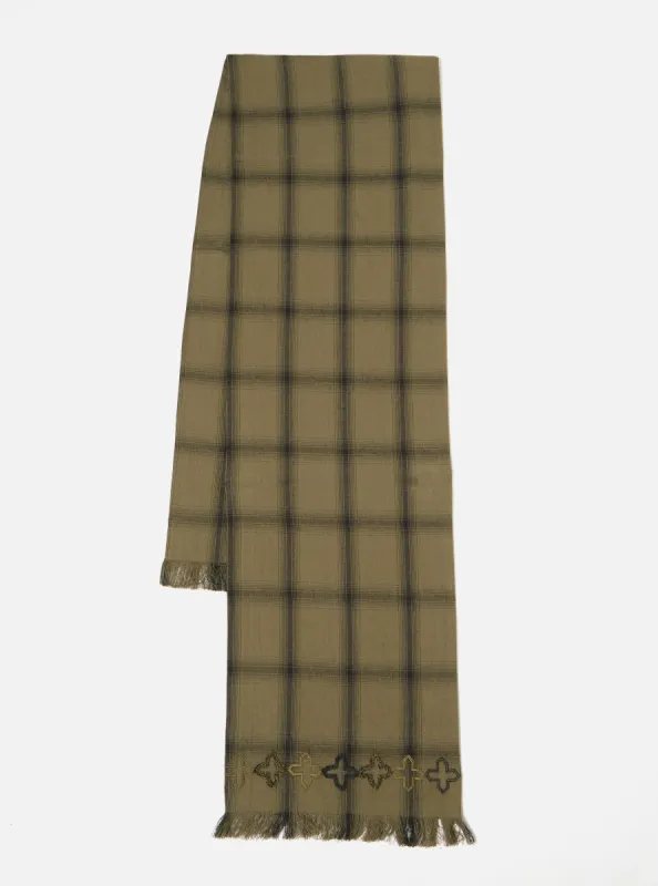 Universal Works Border Scarf in Olive Shadow Check sold by Universal Works
