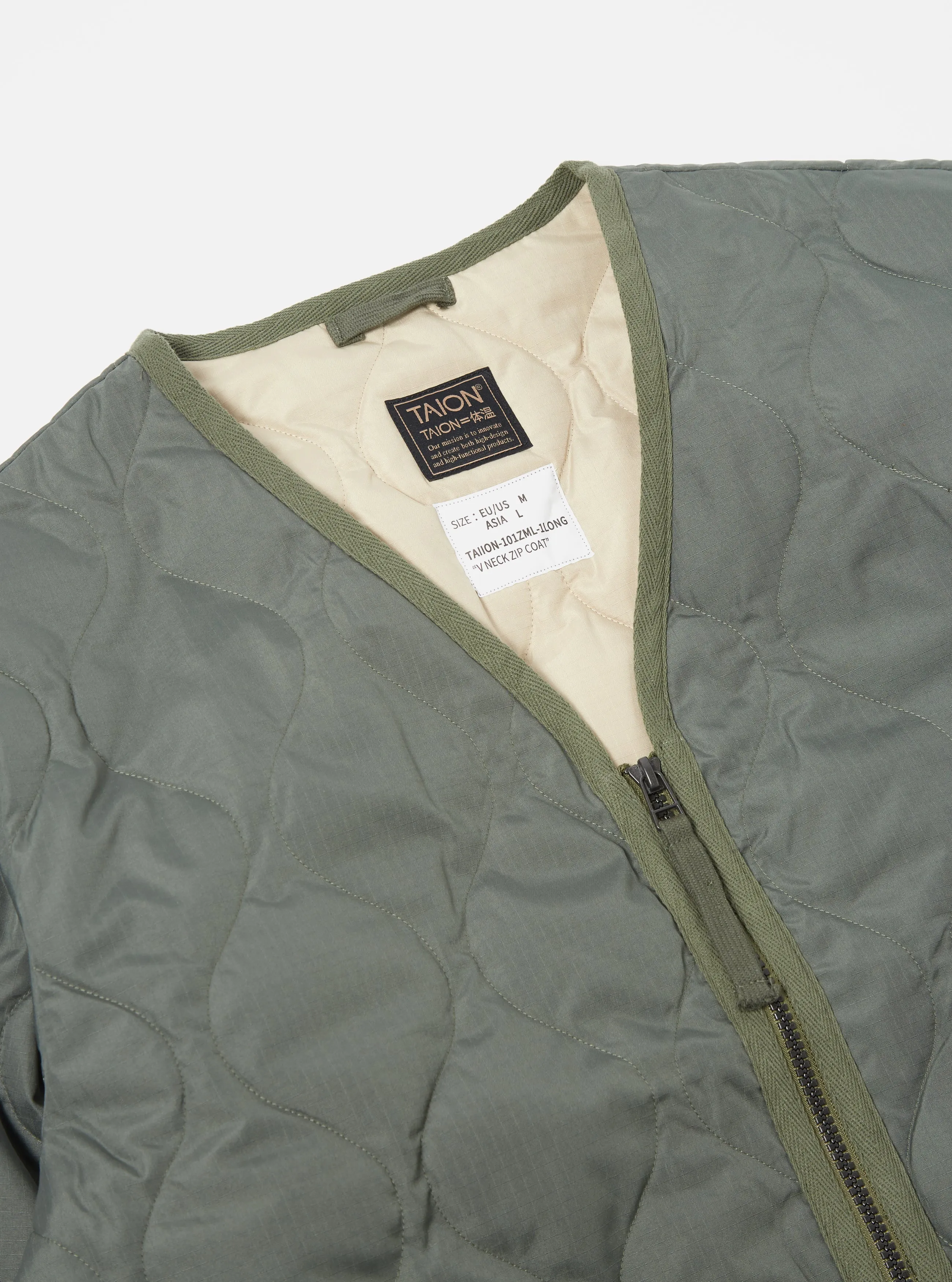 Taion Long Military V-Neck Zip Down Coat in Olive Ripstop sold by Universal Works product image thumbnail 3