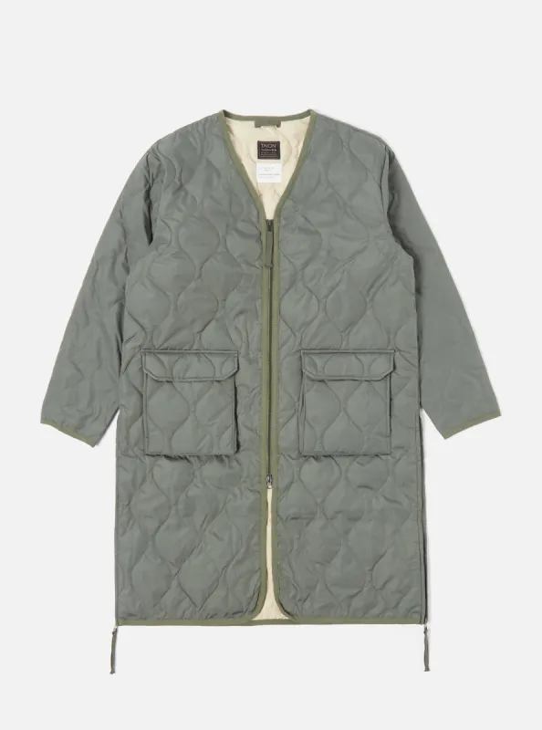 Taion Long Military V-Neck Zip Down Coat in Olive Ripstop sold by Universal Works