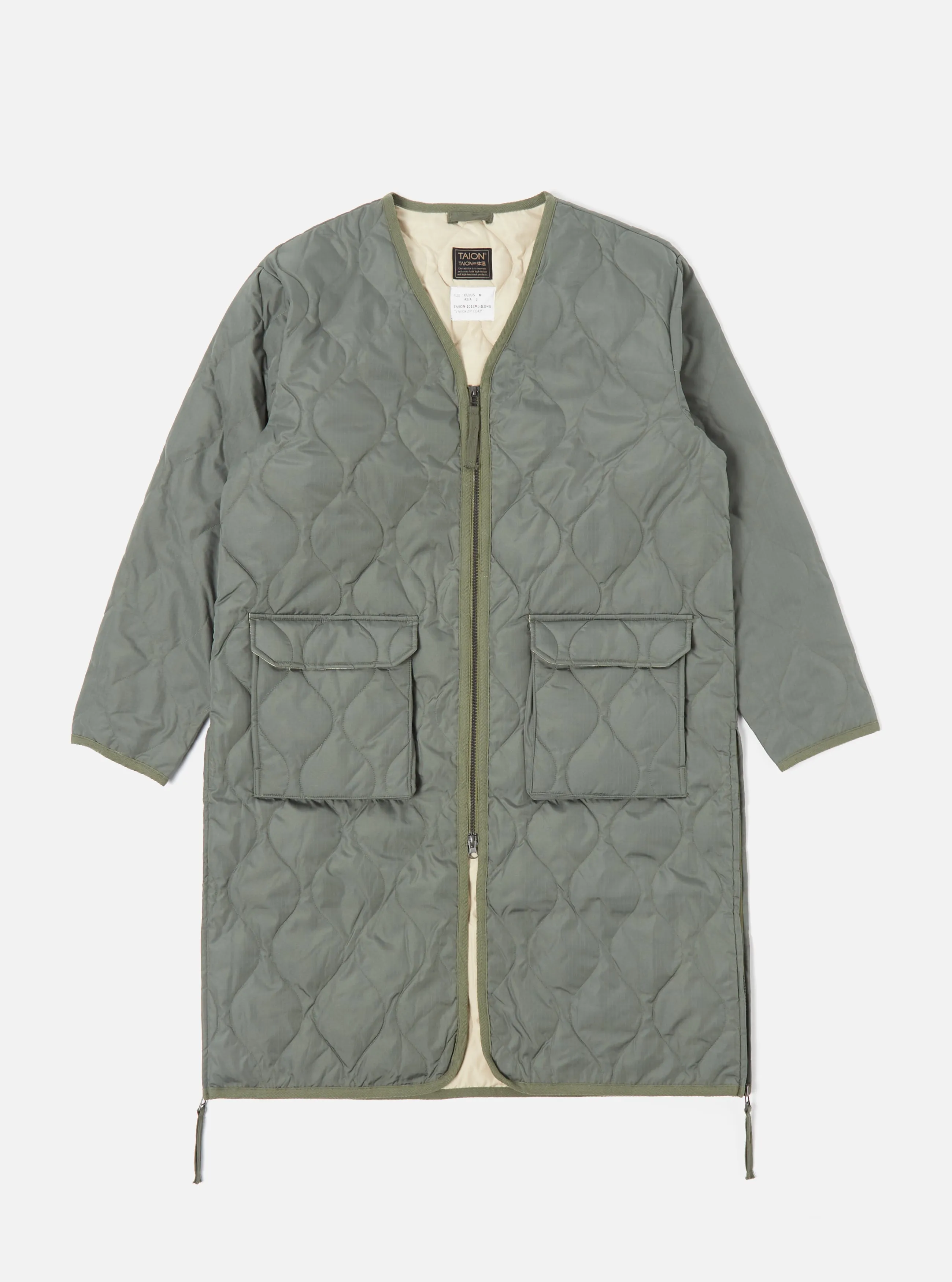 Taion Long Military V-Neck Zip Down Coat in Olive Ripstop sold by Universal Works