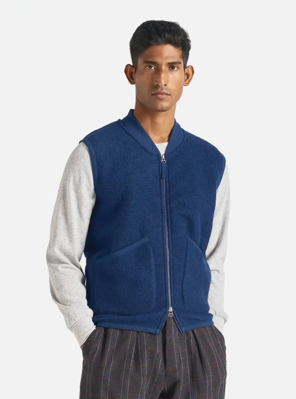 Universal Works Zip Waistcoat in Indigo Wool Fleece sold by Universal Works