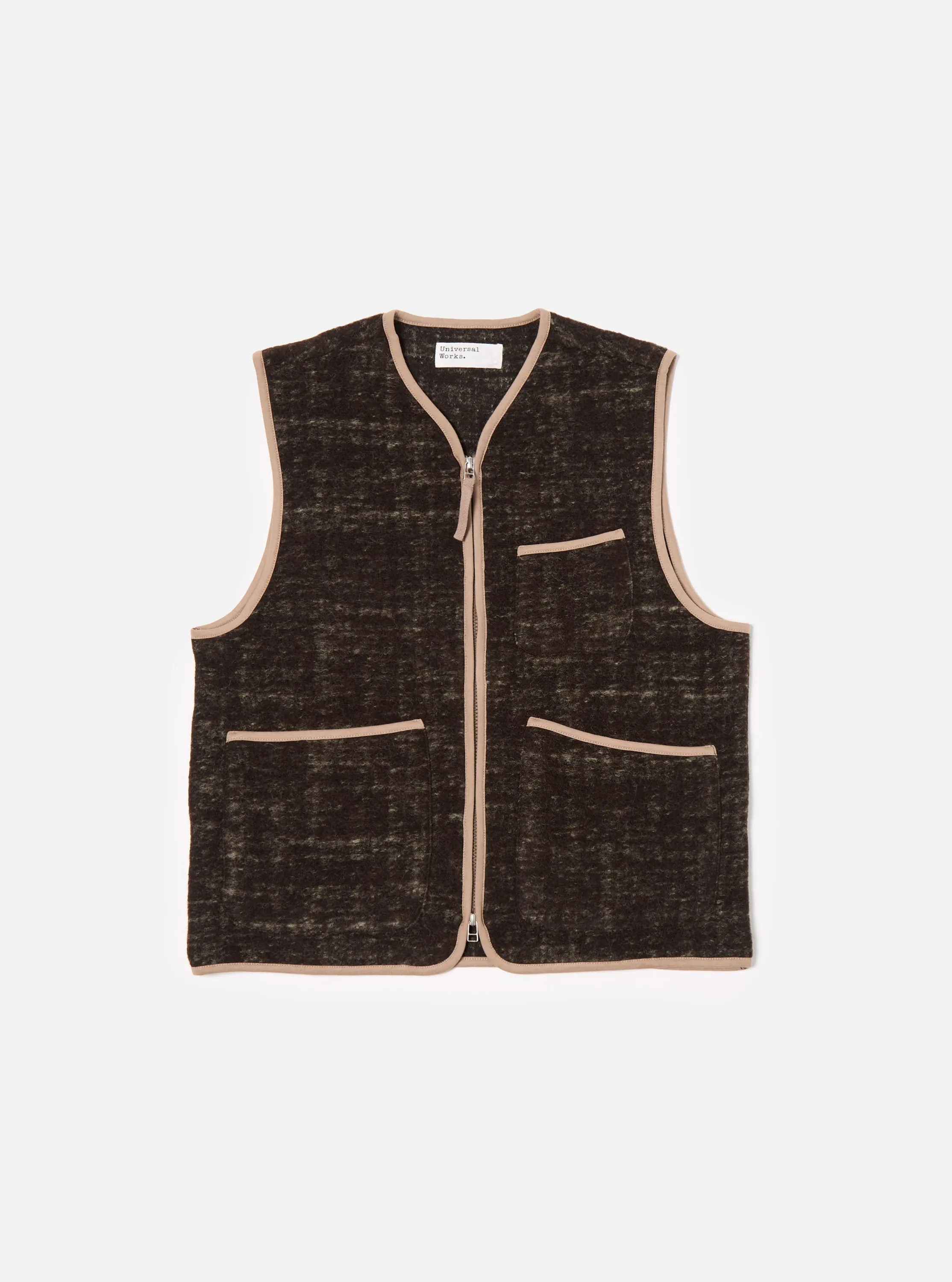 Universal Works Zip Gilet in Brown Marble Fleece sold by Universal Works