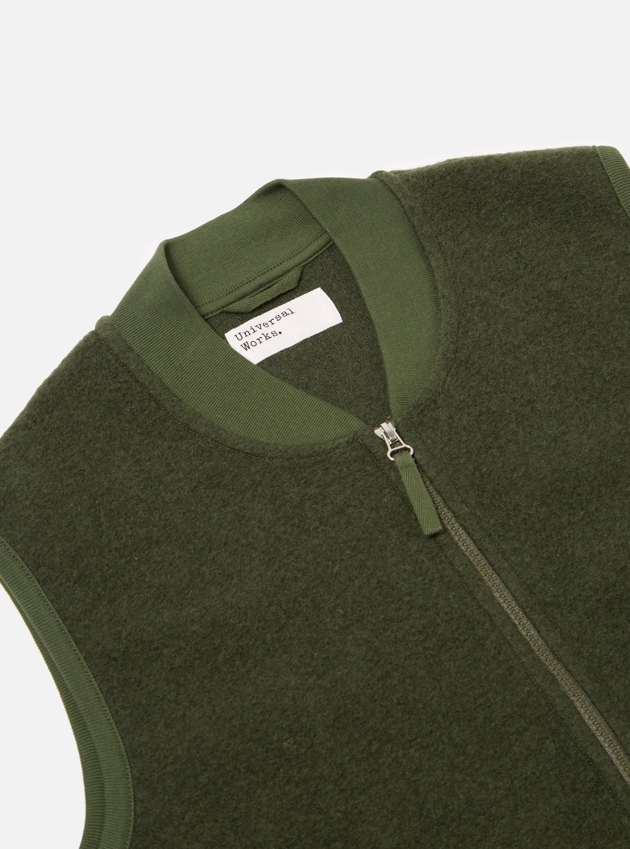 Universal Works Zip Waistcoat in Olive Wool Fleece sold by Universal Works product image thumbnail 3